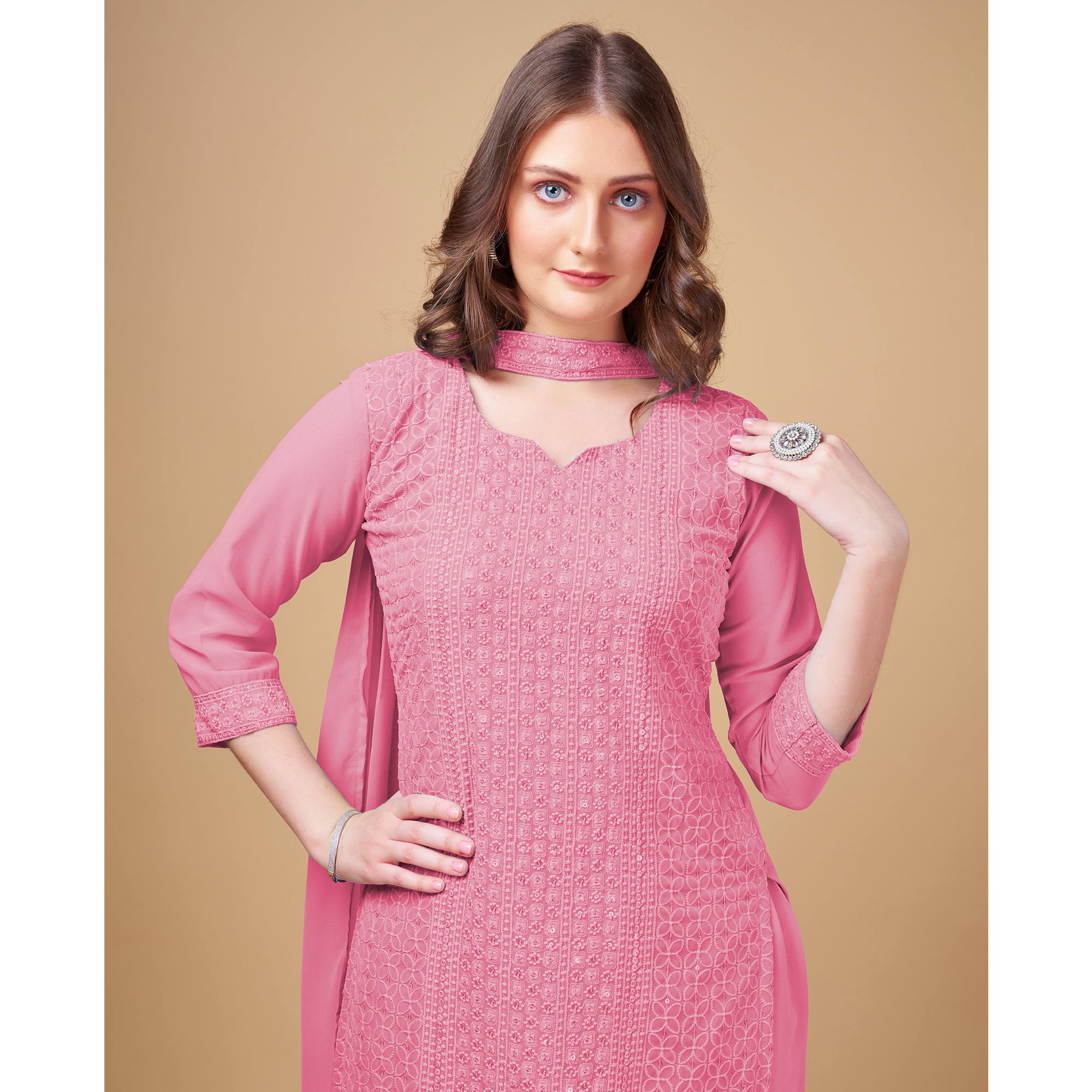 Pink Embroidered Georgette Kurti Sharara Suit