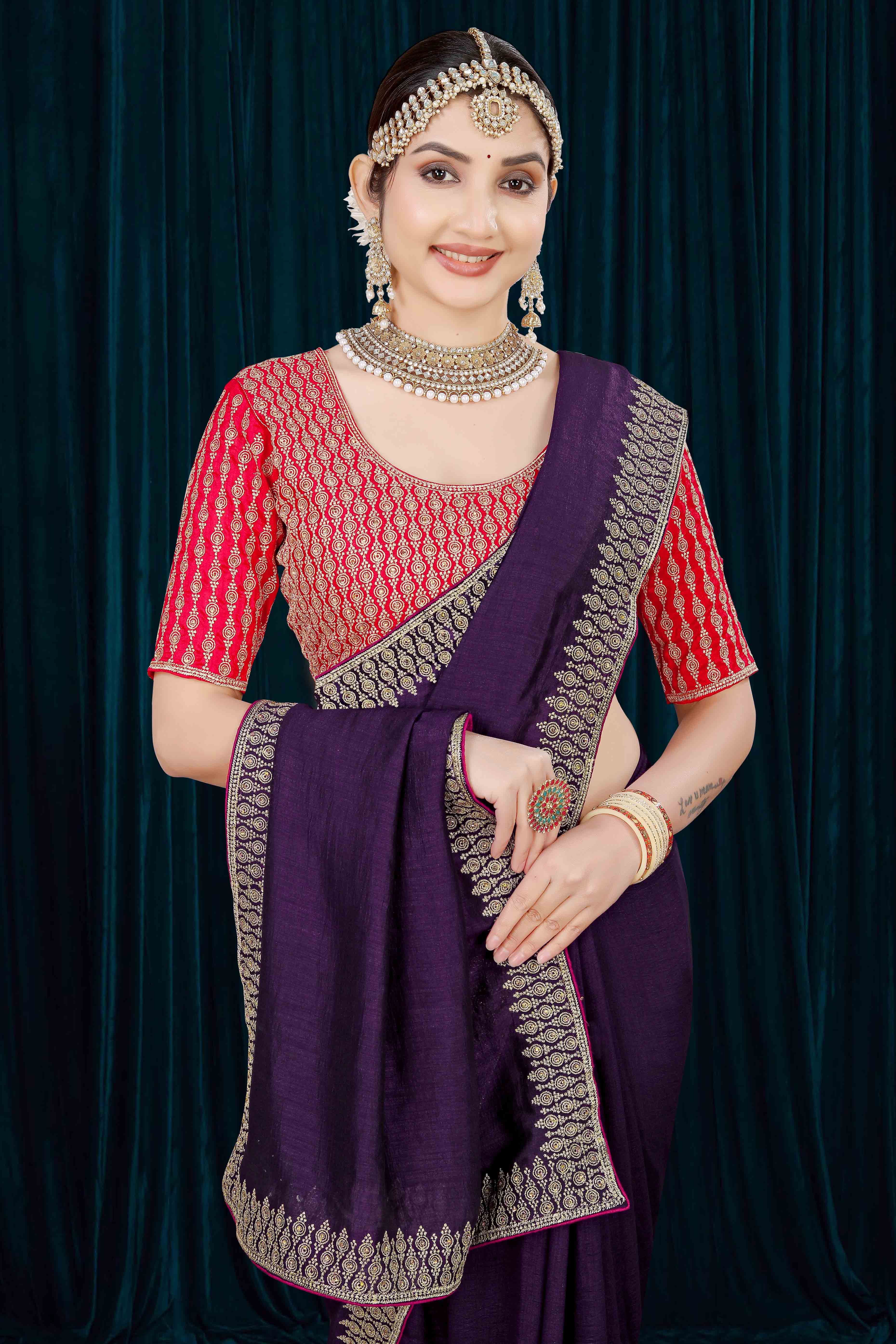 Purple Solid With Zari Embroidered Vichitra Silk Saree
