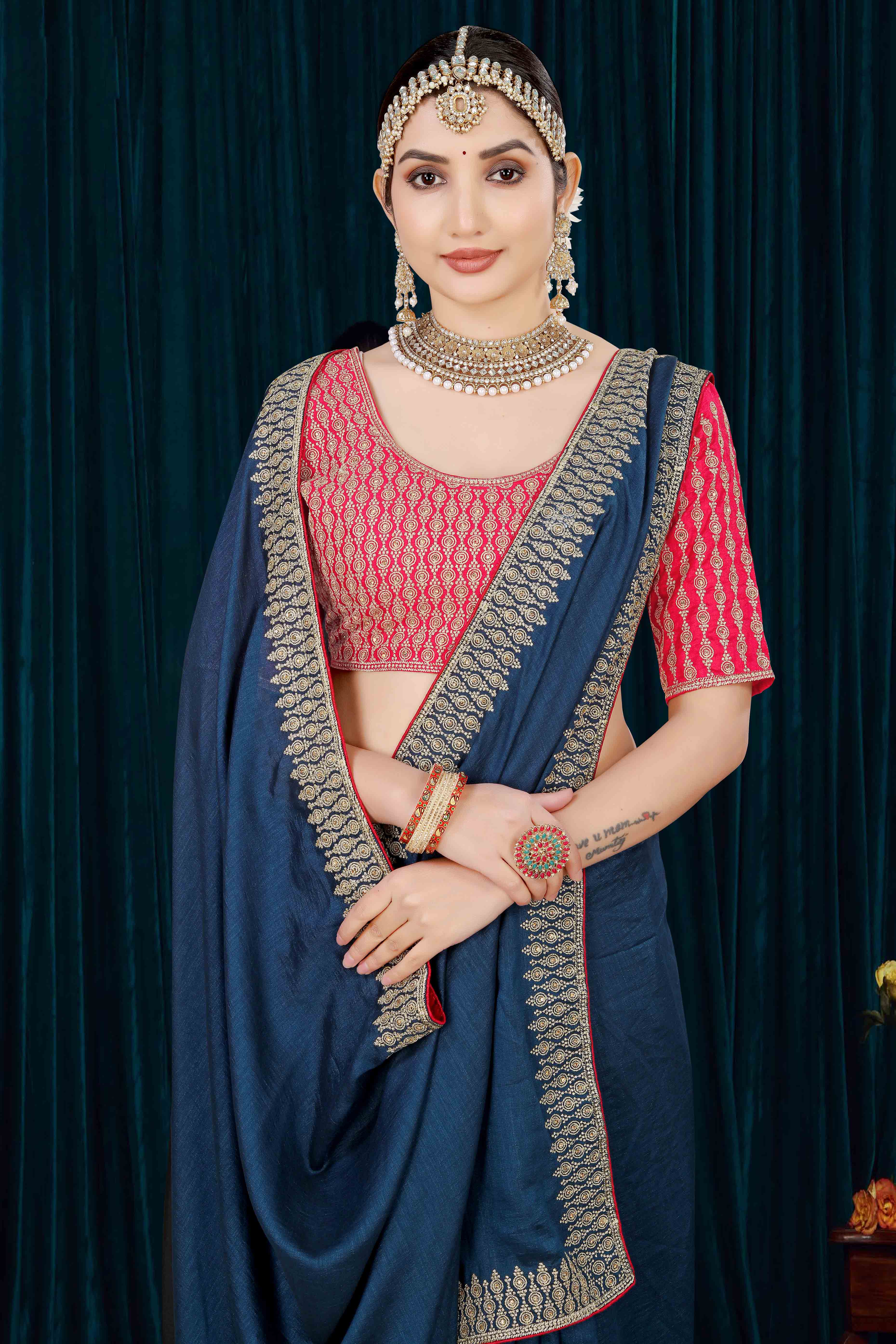 Blue Solid With Zari Embroidered Vichitra Silk Saree