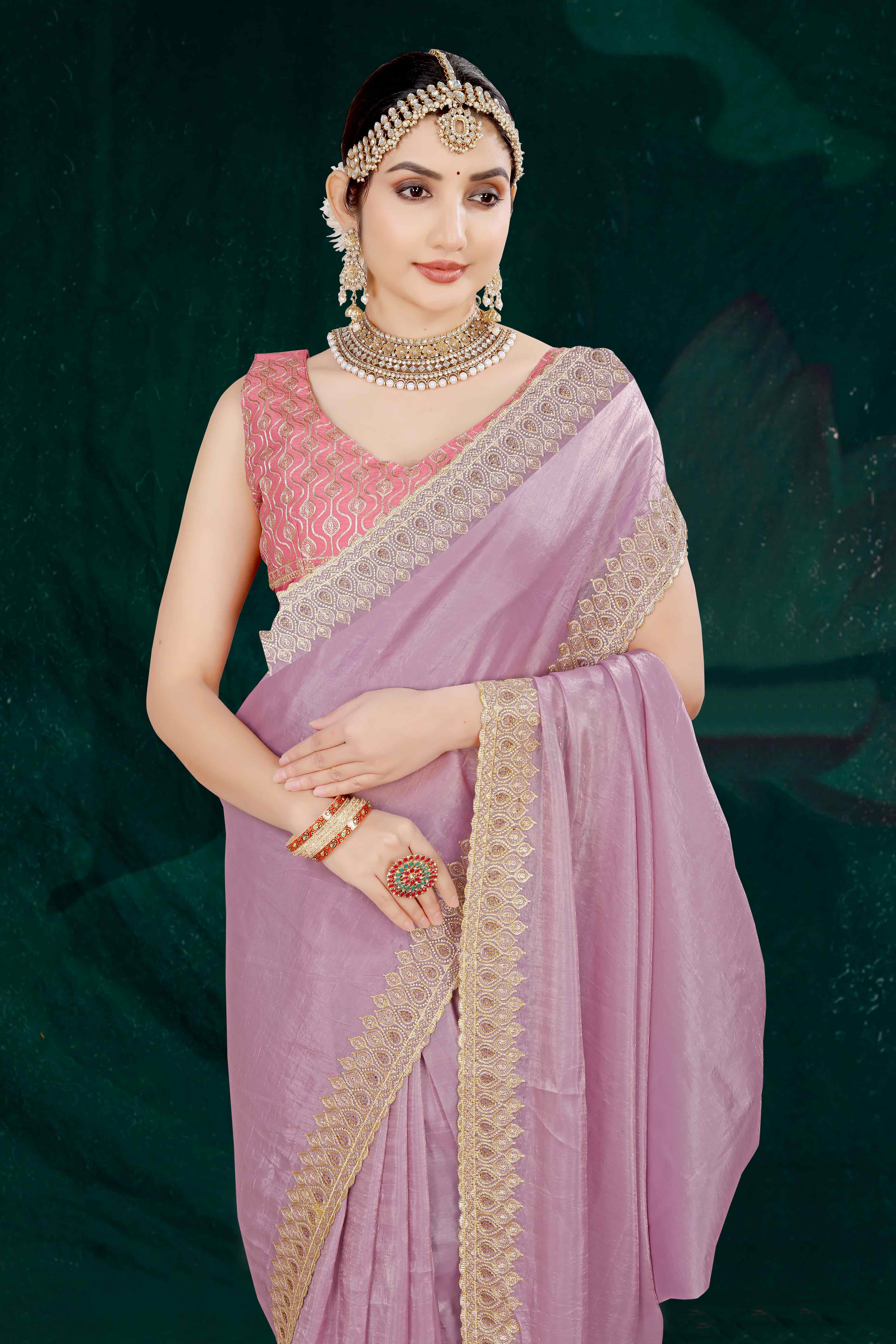 Onion Pink Solid With Swarovski Work Tissue Gold Crush Saree