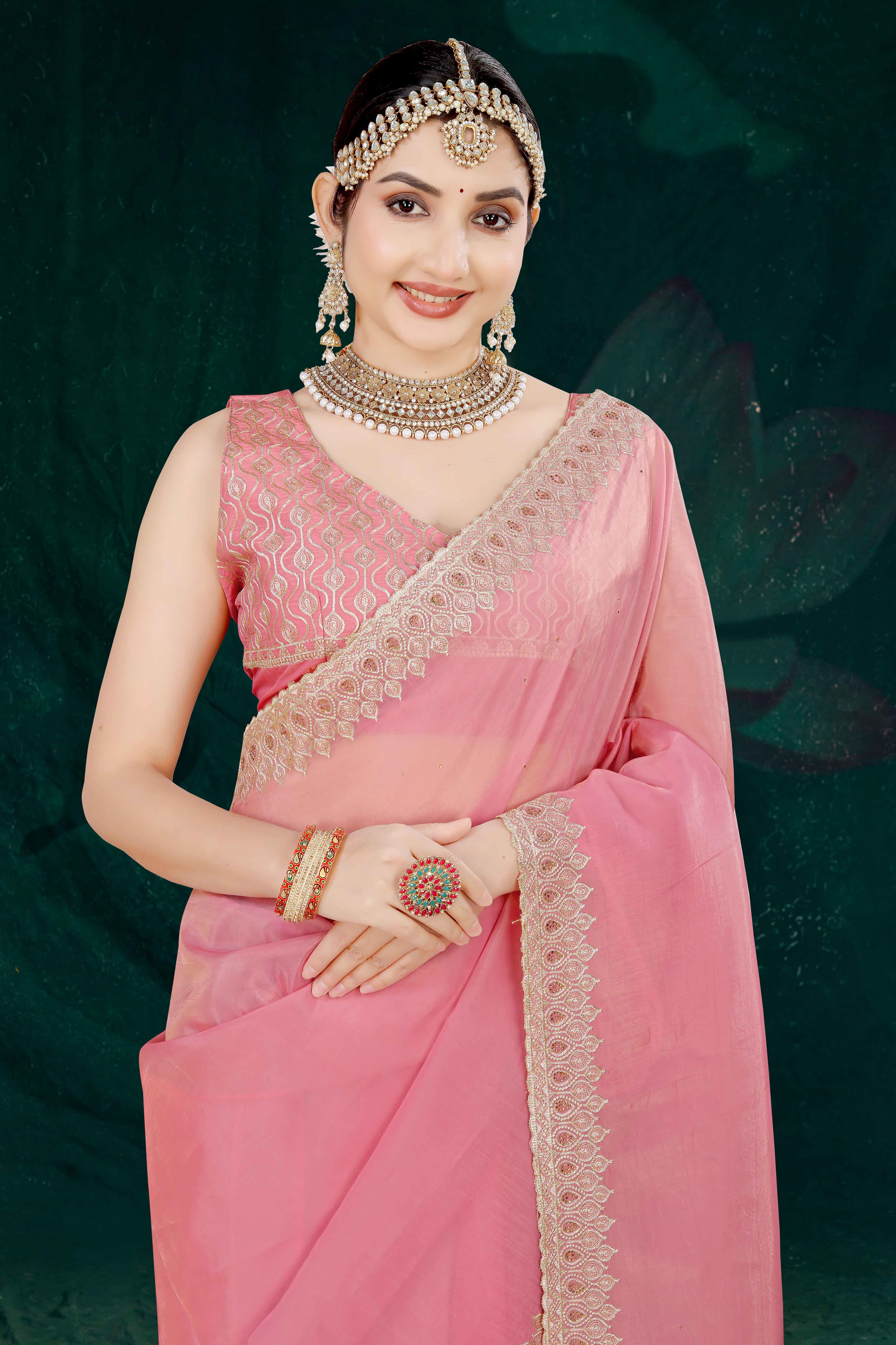 Pink Solid With Swarovski Work Tissue Gold Crush Saree