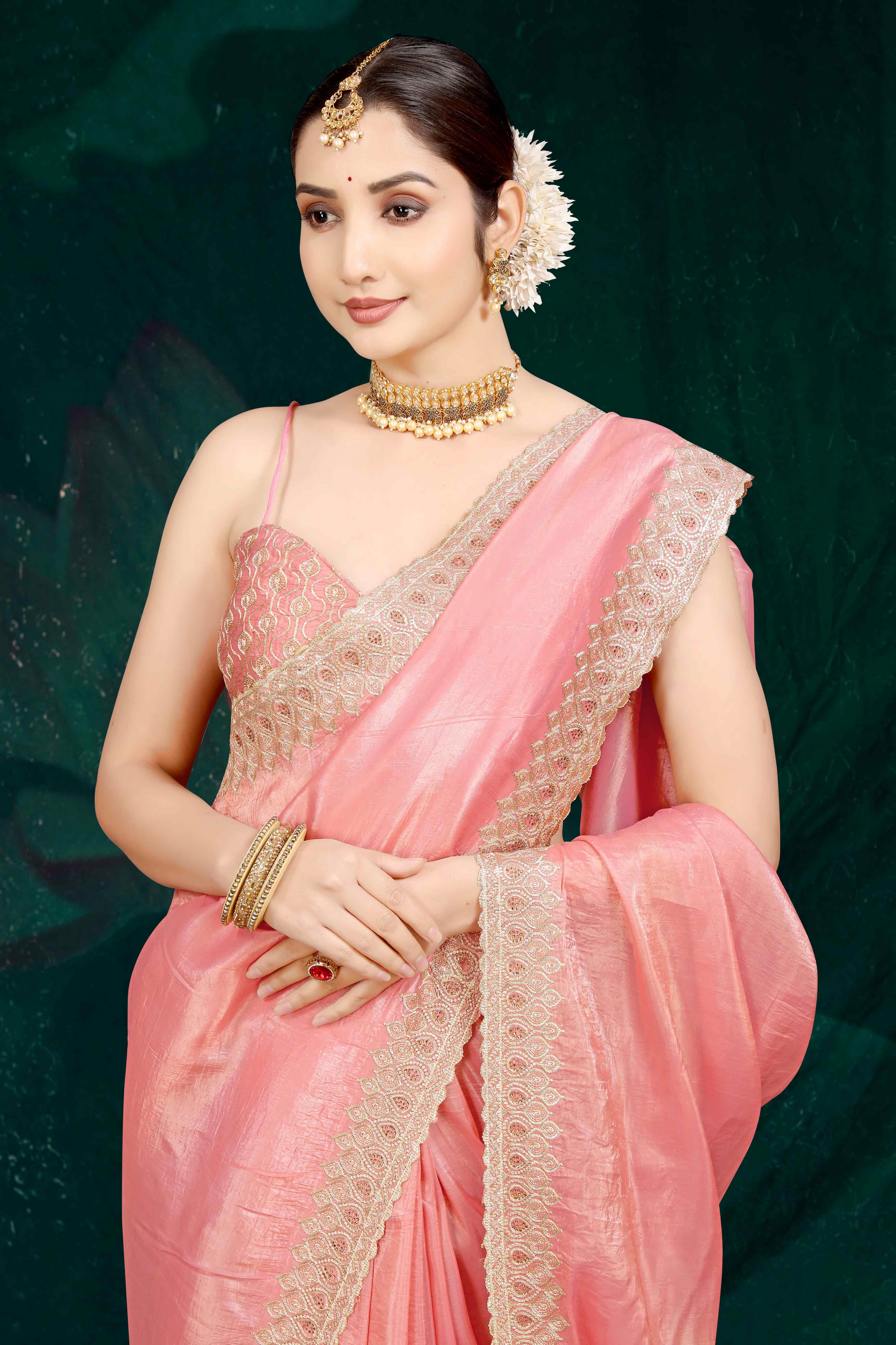 Peach Solid With Swarovski Work Tissue Gold Crush Saree