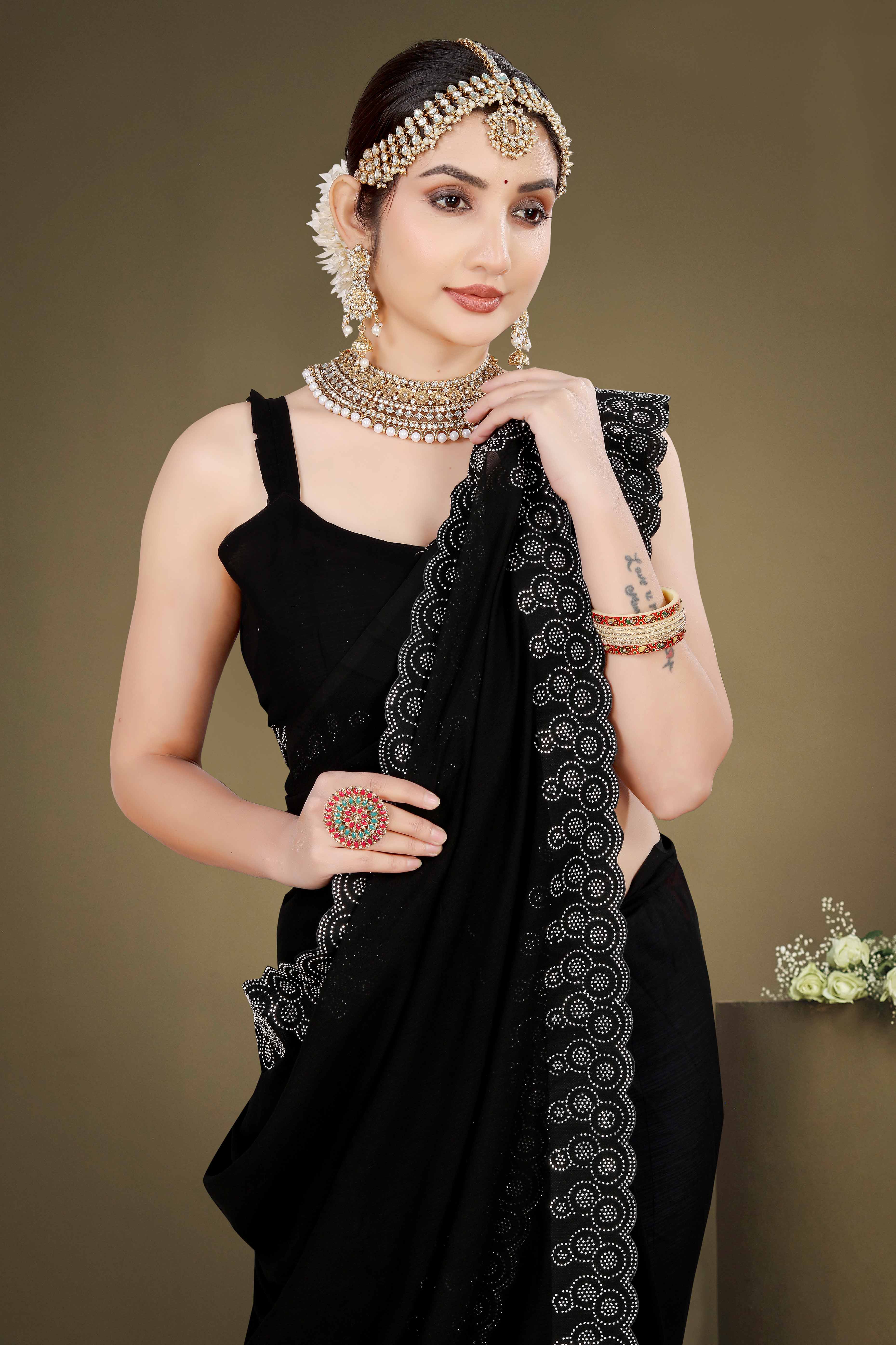 Black Solid With Swarovski Work Chiffon Saree
