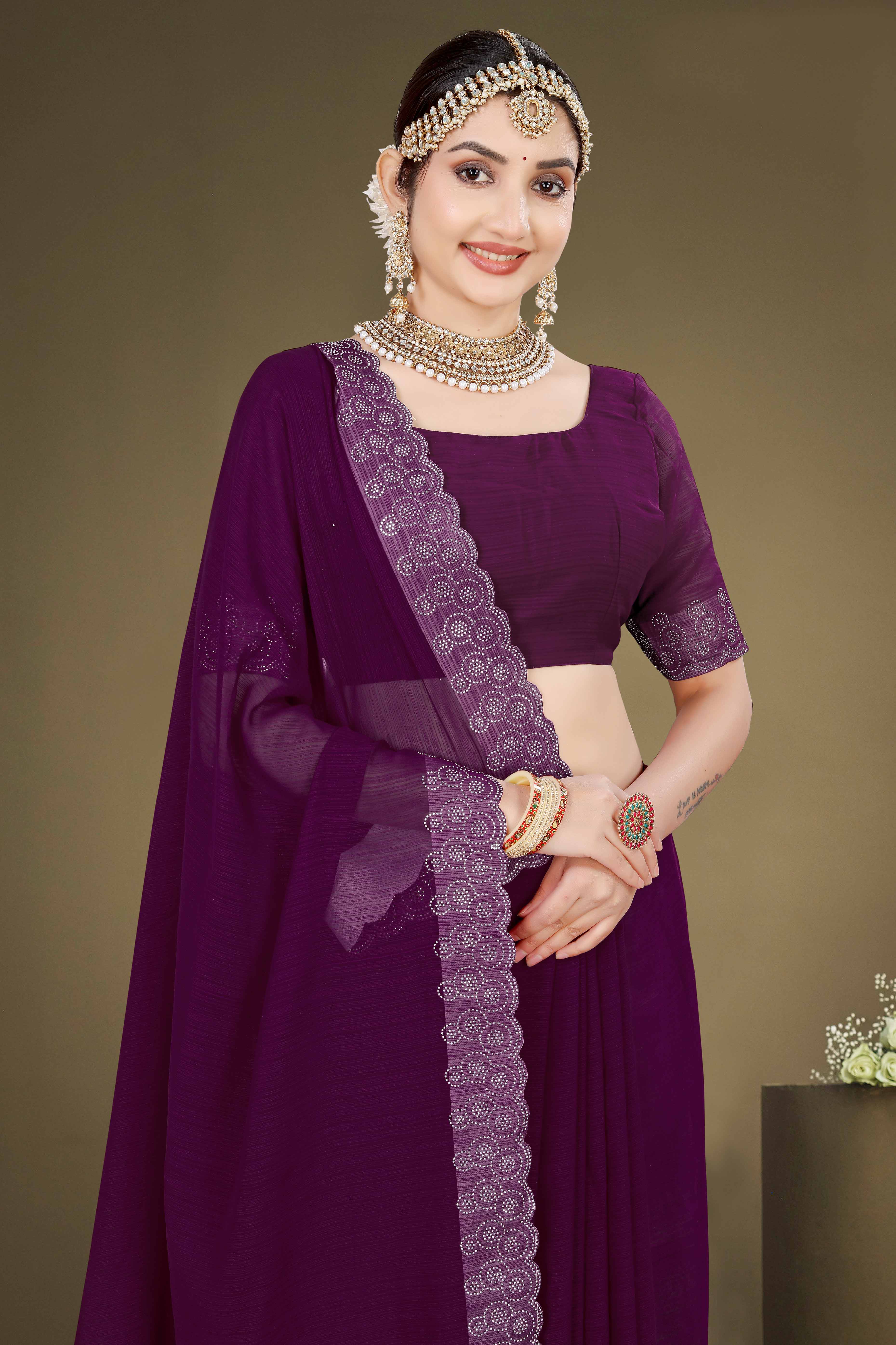 Wine Solid With Swarovski Work Chiffon Saree