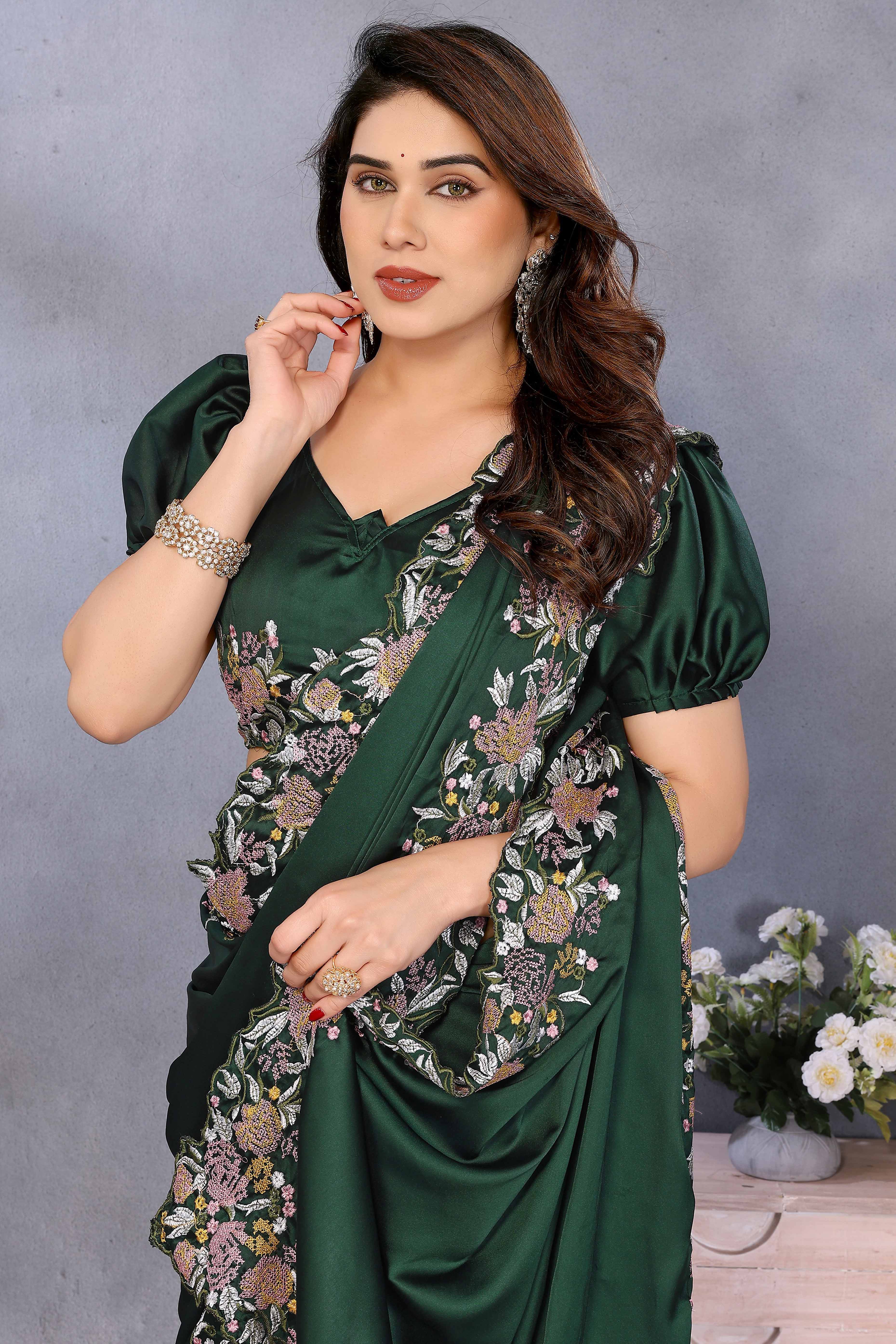 Bottle Green Satin Saree with Delicate Floral Embroidery and Intricate Resham Work