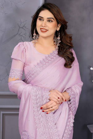 Lilac Purple Silk Blend Saree Adorned with Chemical Lace Edging and Dazzling Stone Accents