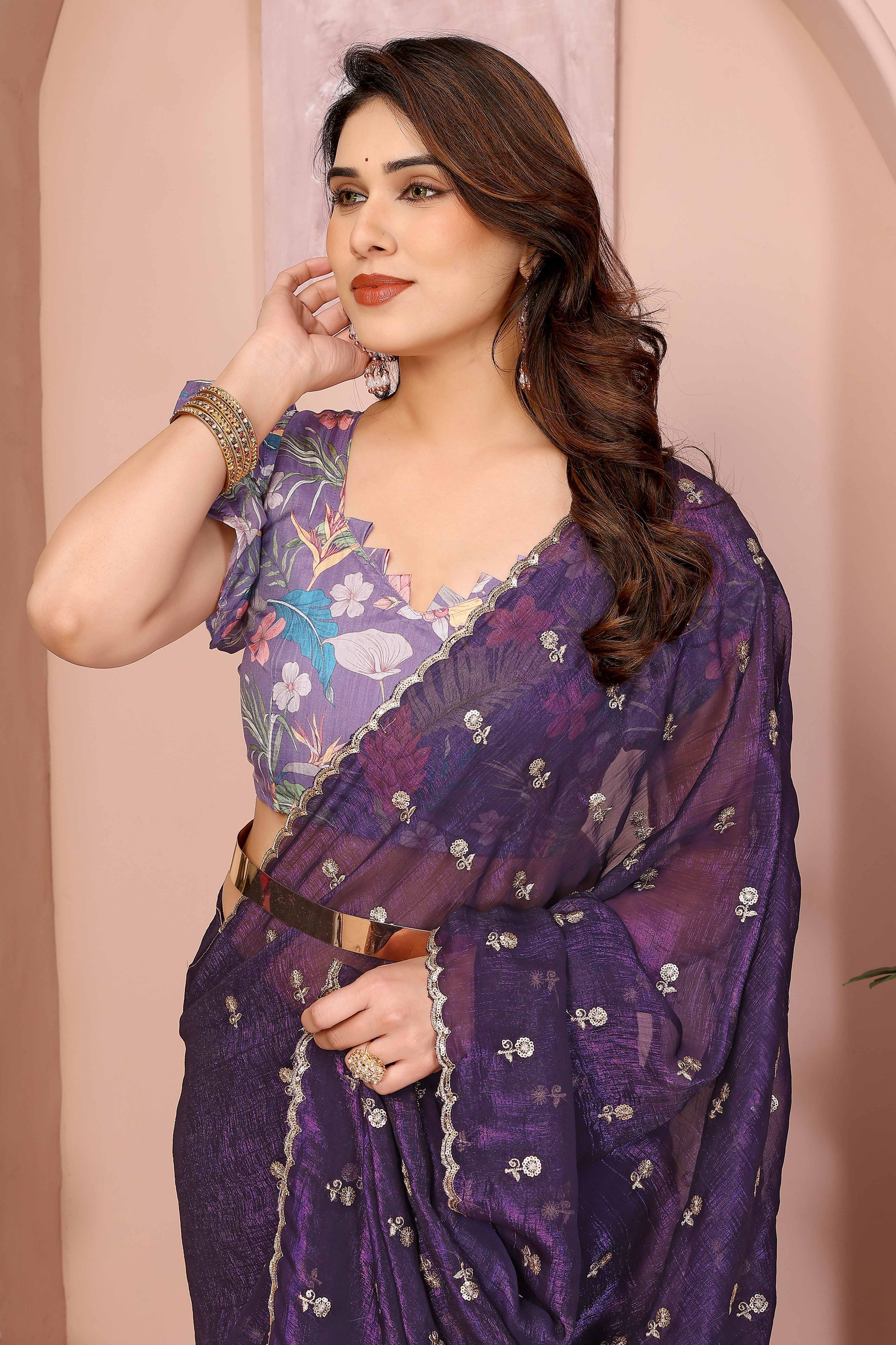 Rich Purple Silk Blend Saree with Intricate Floral Sequins Embroidery – A Glamorous Statement Piece