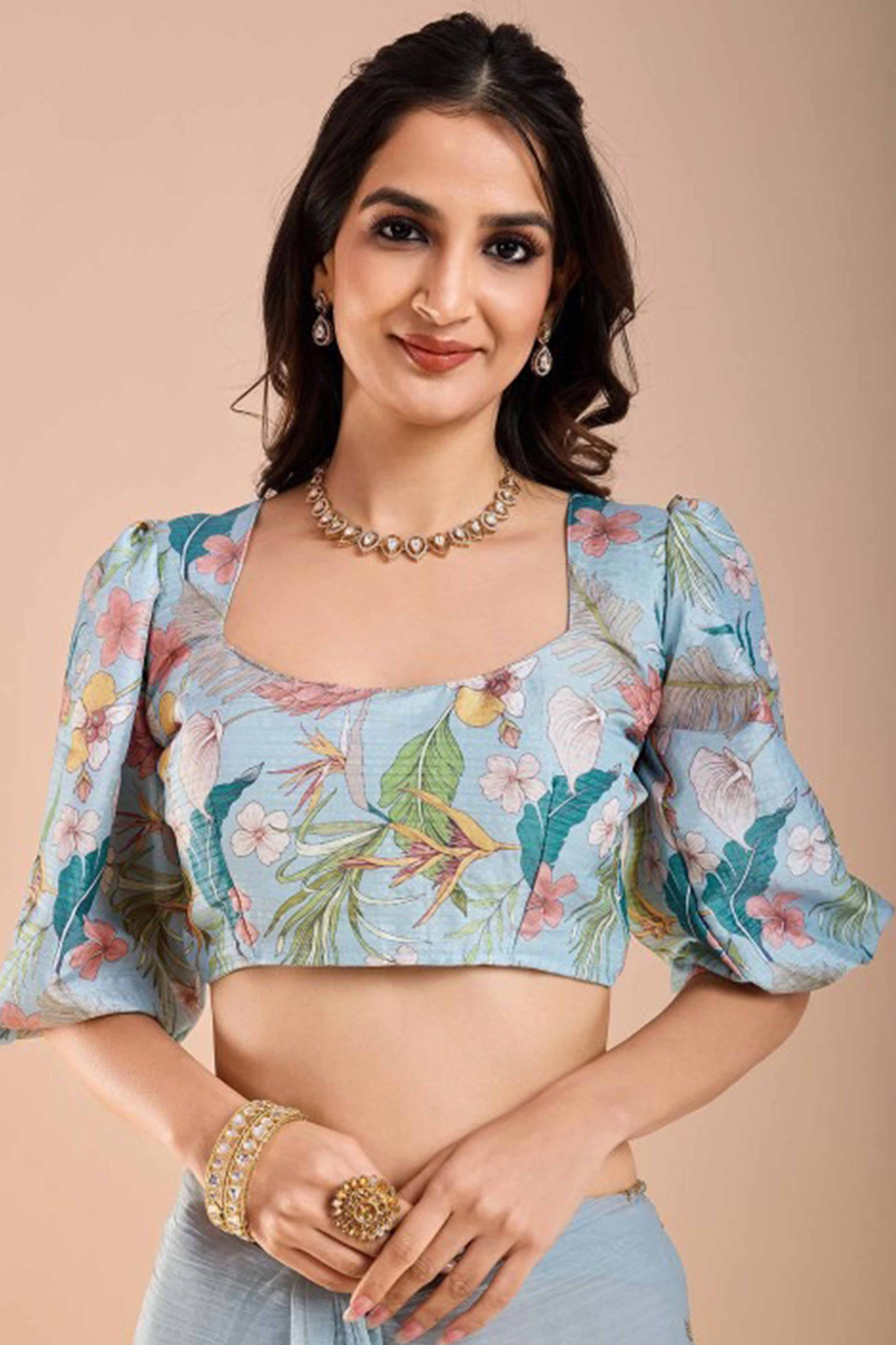 Light Blue Crunchy Saree Adorned With Floral Sequins Embroidery & Graceful Border Finish