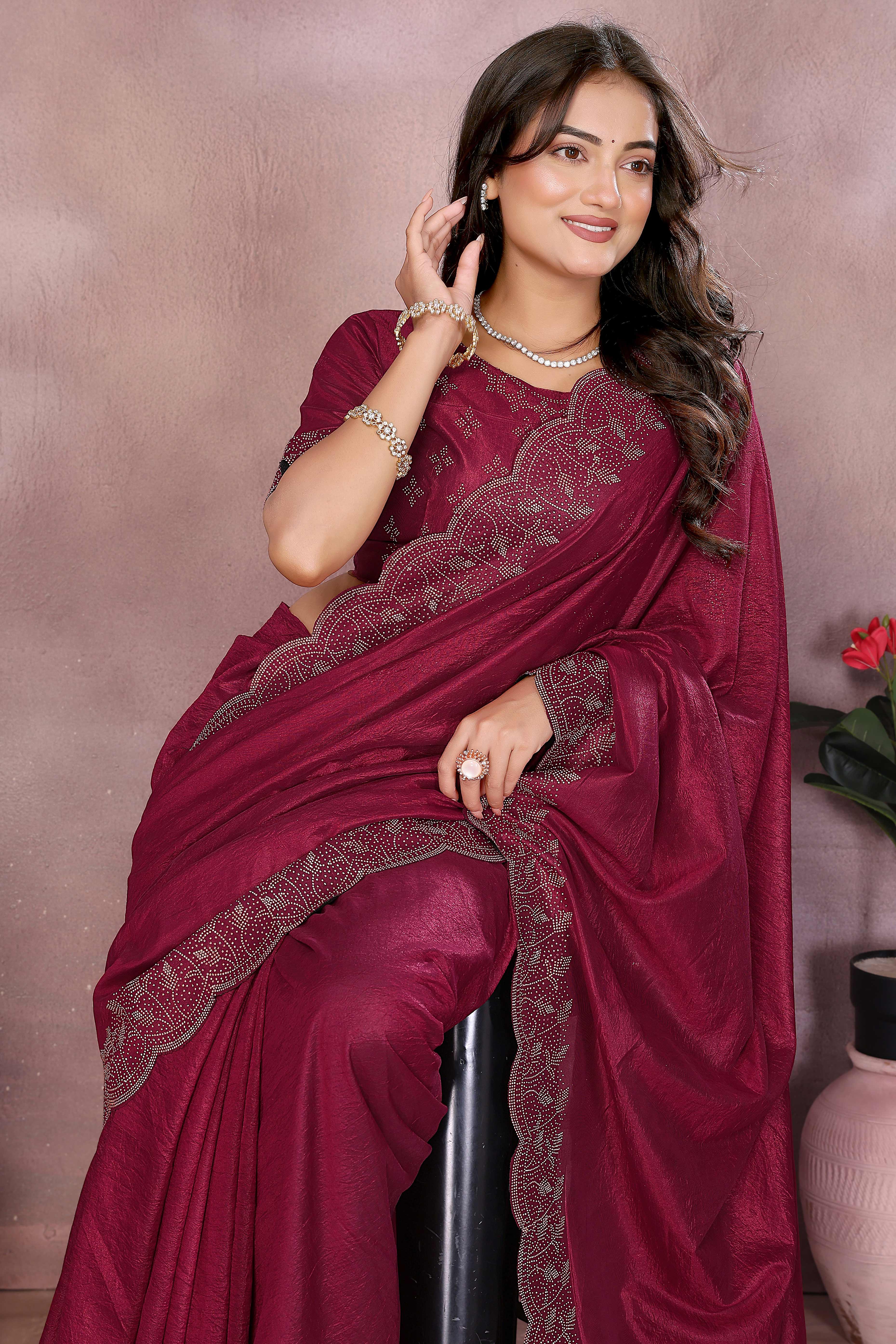 Party Ready Wine Imported Lycra Saree with Glittering Stone Embroidery