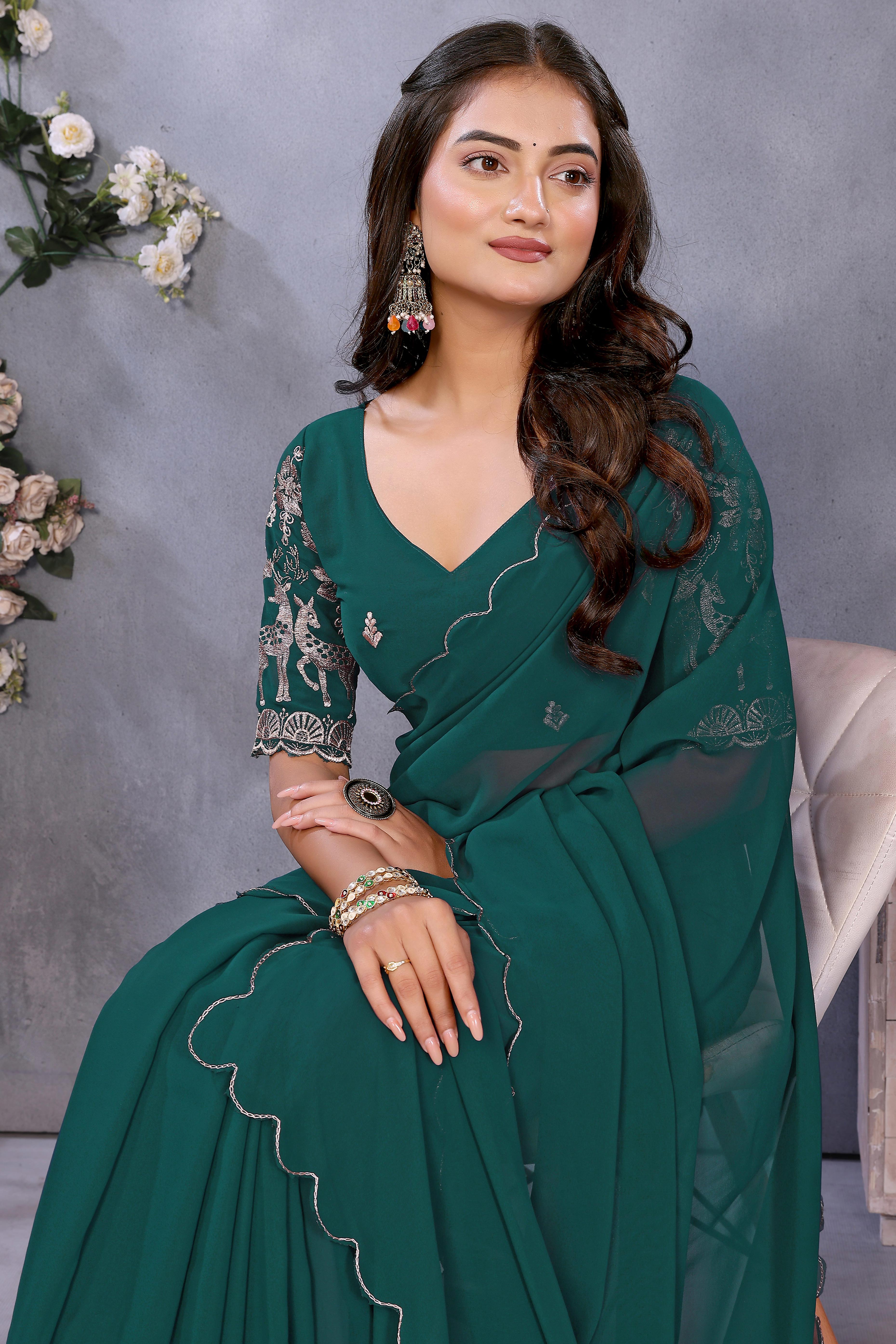Sophisticated Morpich Green Party Wear Saree in Flowing Georgette Fabric With Embellished Blouse