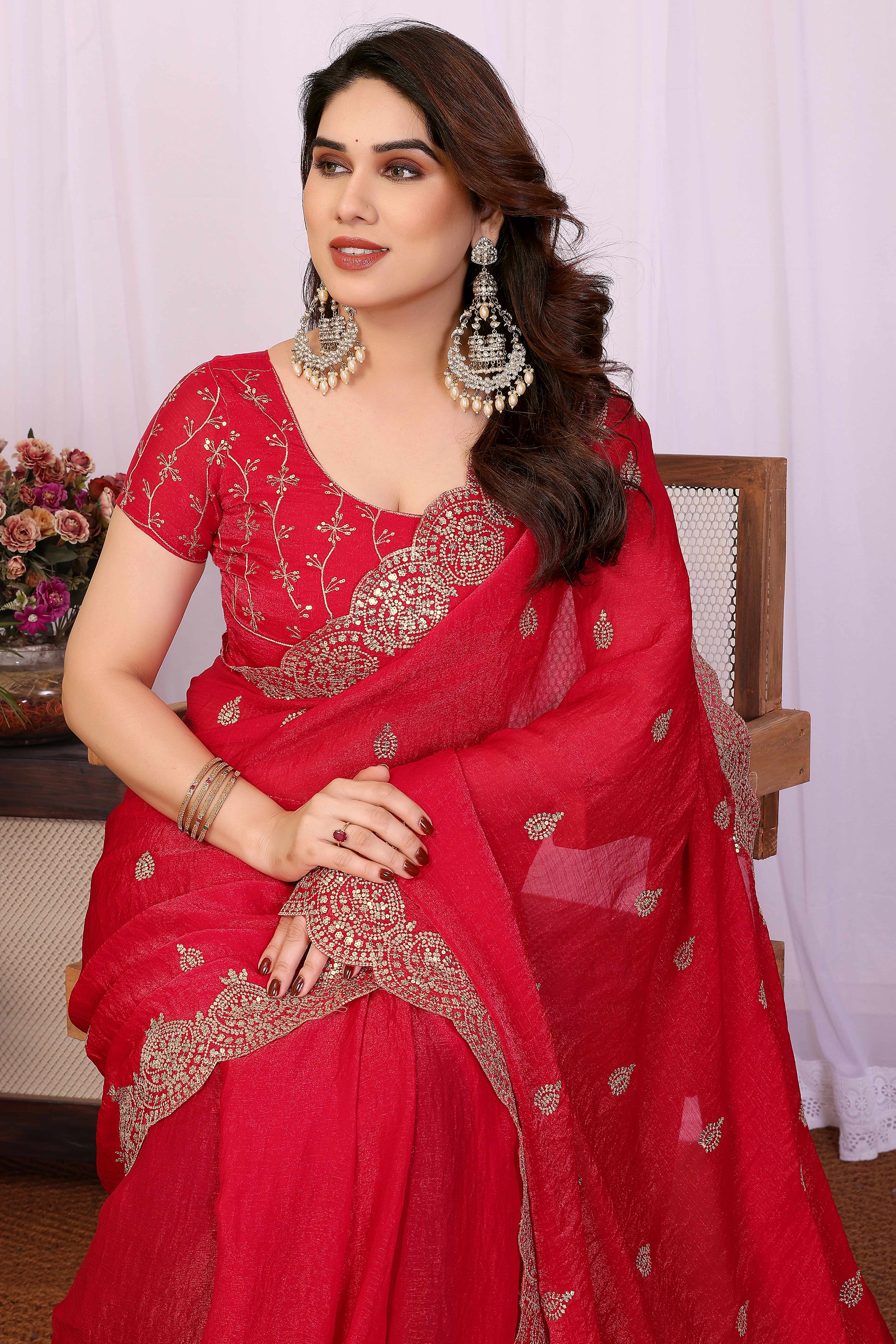 Red Sequins Work Embroidered Chiffon Saree Elegant Partywear