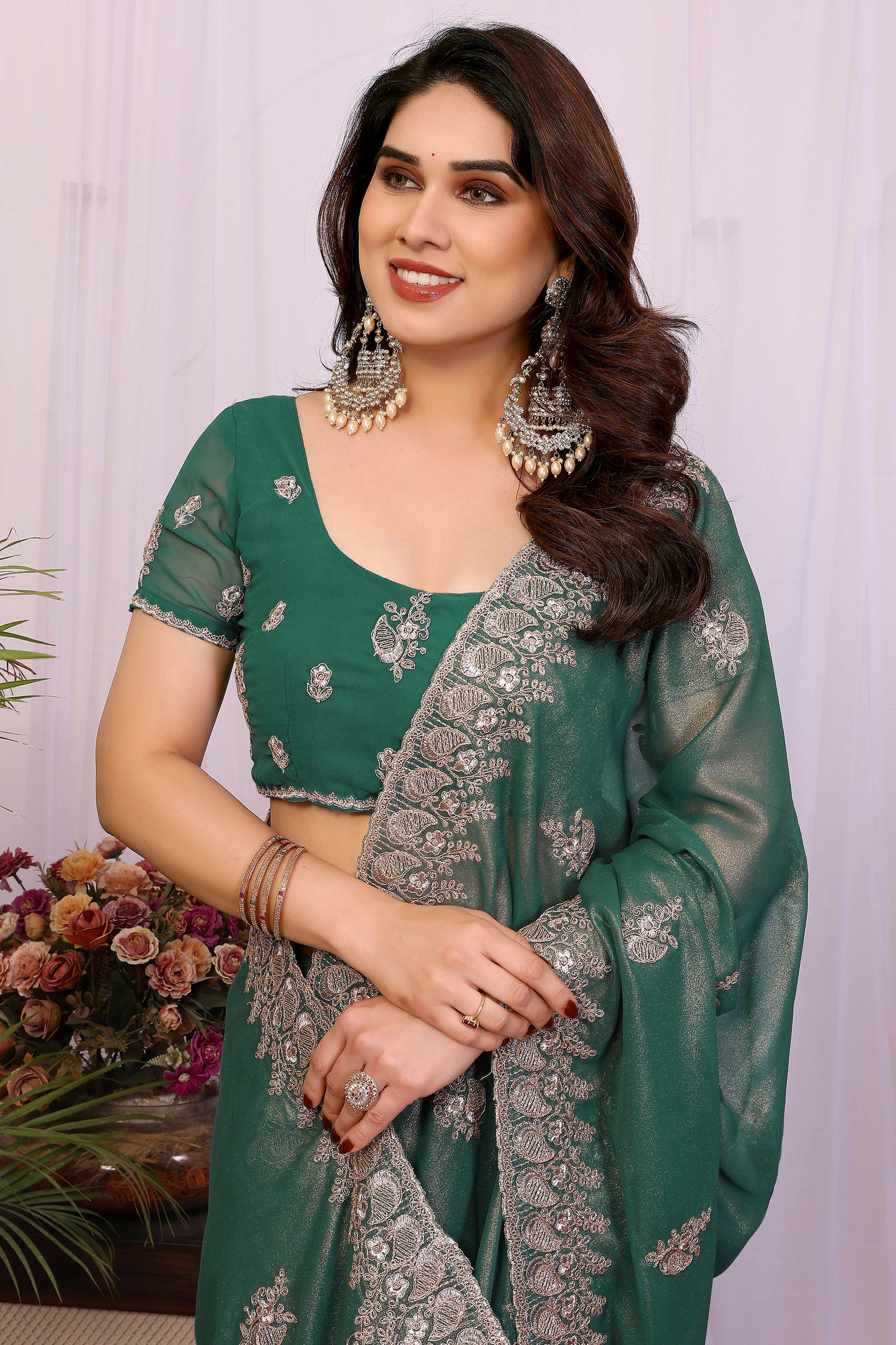 Green Thread Work Embroidered Georgette Saree Elegant Partywear with Fine Embroidery