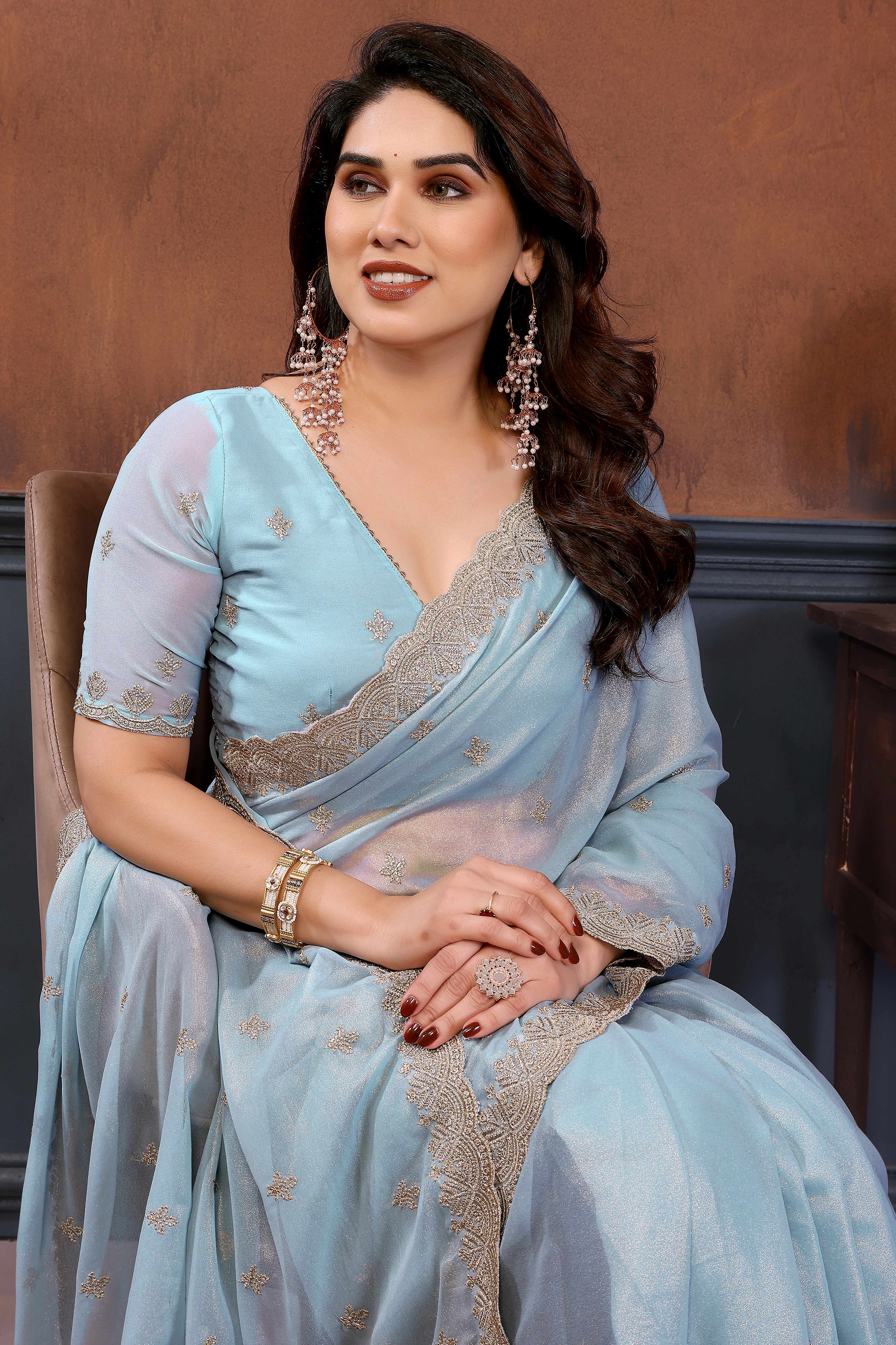Sky Blue Thread Work Embroidered Georgette Saree Elegant Lightweight Partywear Drape