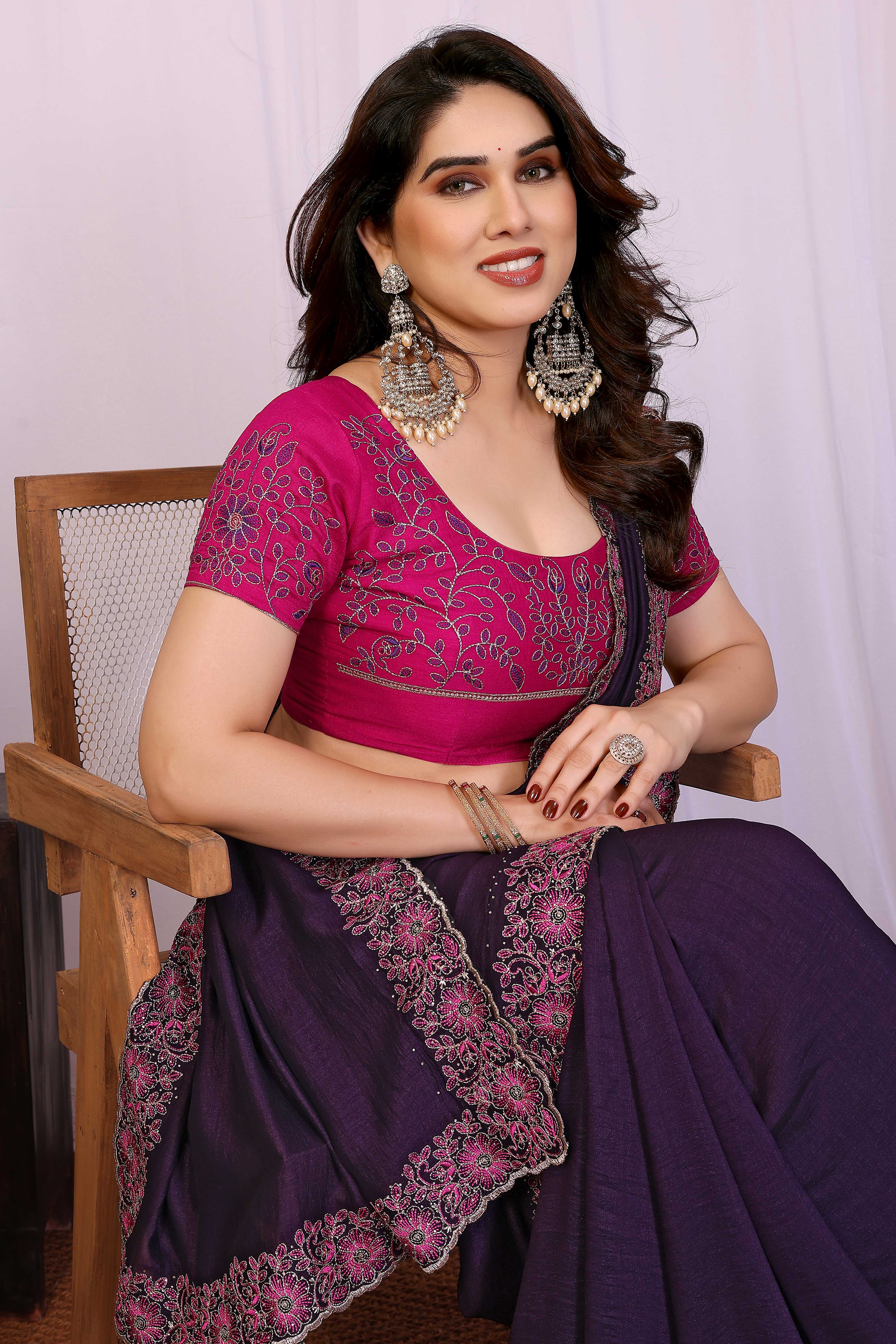 Purple Thread Work Embroidered Vichitra Silk Partywear Saree with Lustrous Finish