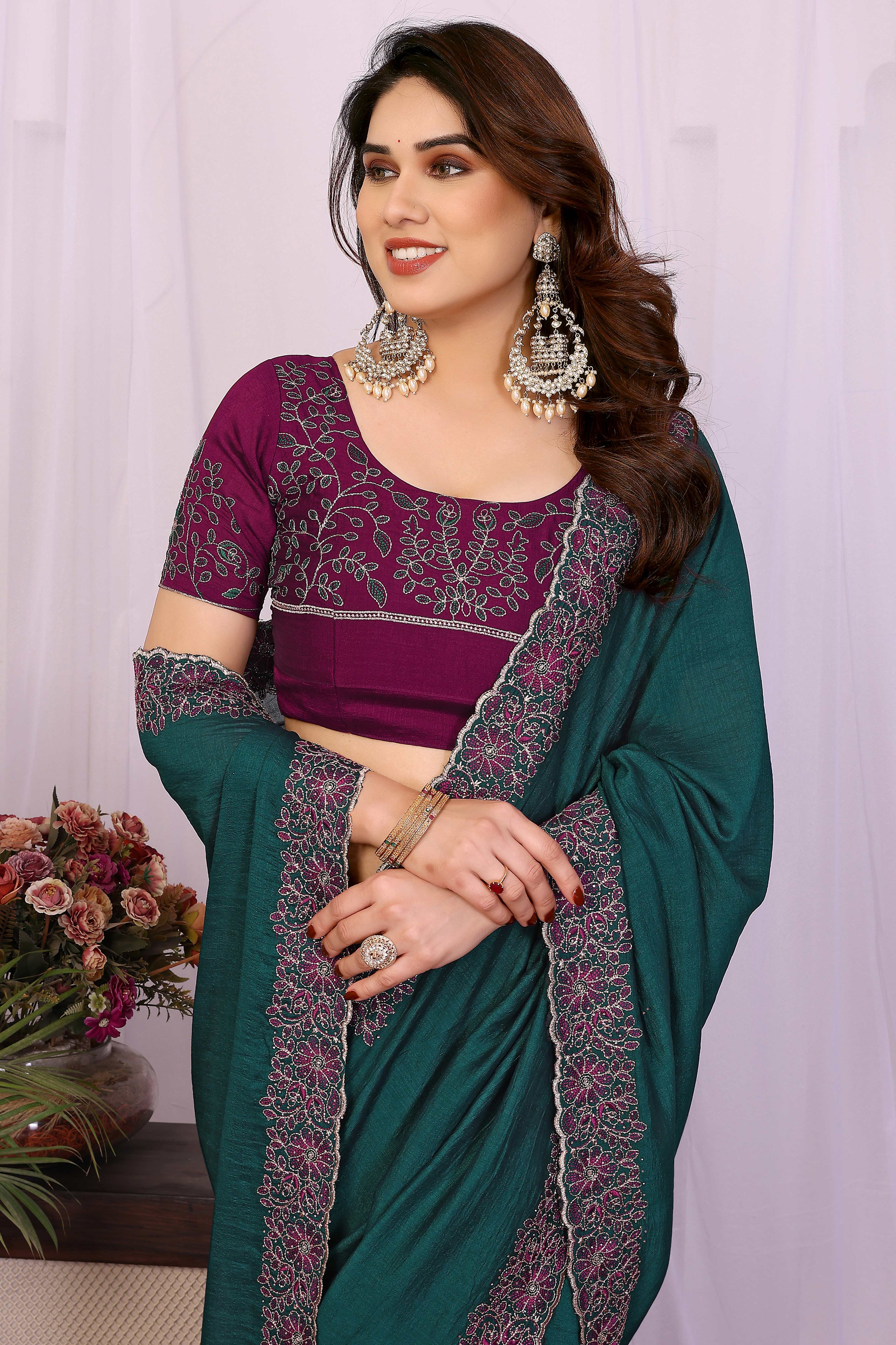 Morpich Green Thread Work Embroidered Vichitra Silk Saree Premium Partywear with Elegant Design