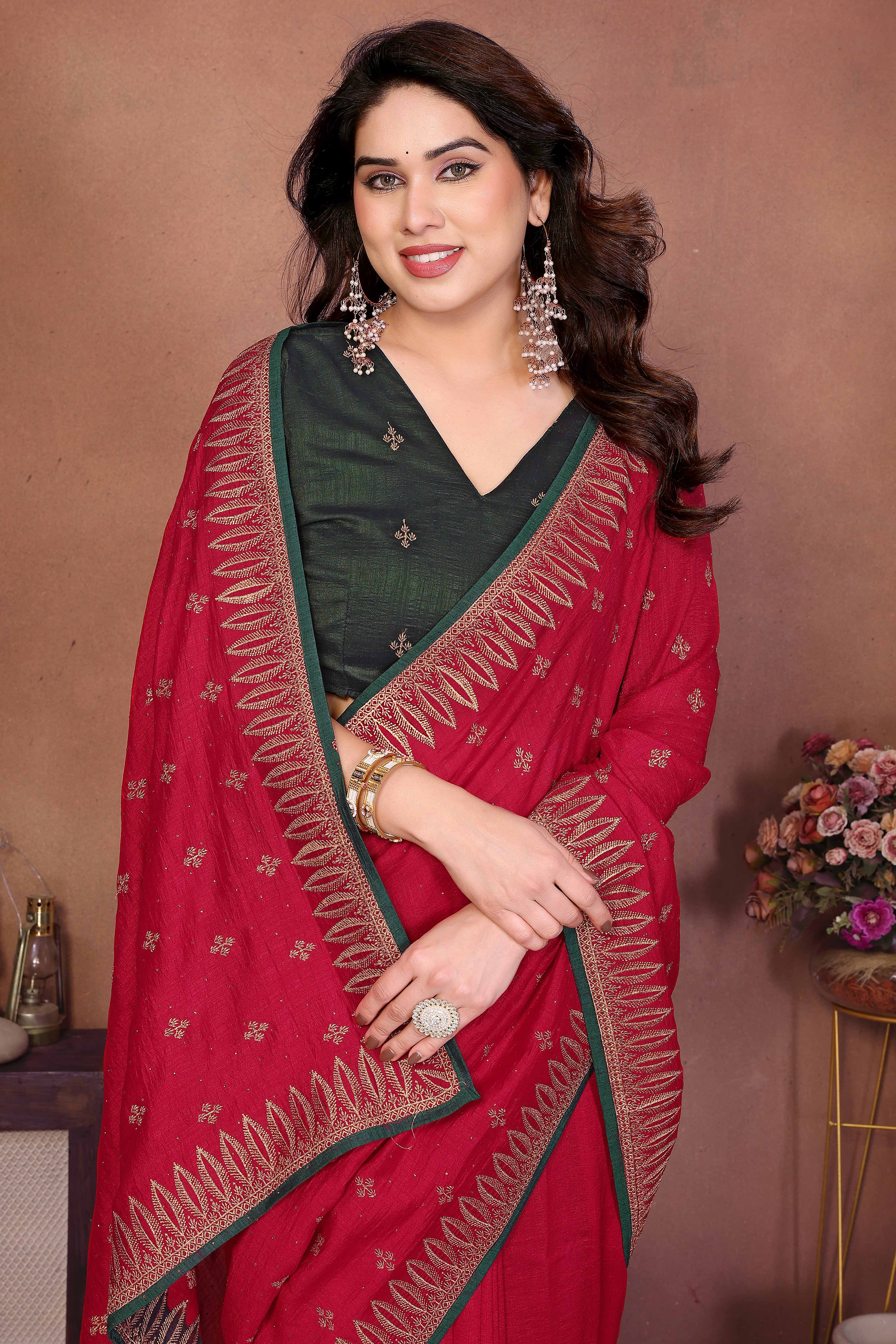 Crimson Red Designer Vichitra Silk Saree Enhanced with Delicate Thread Work Embroidery