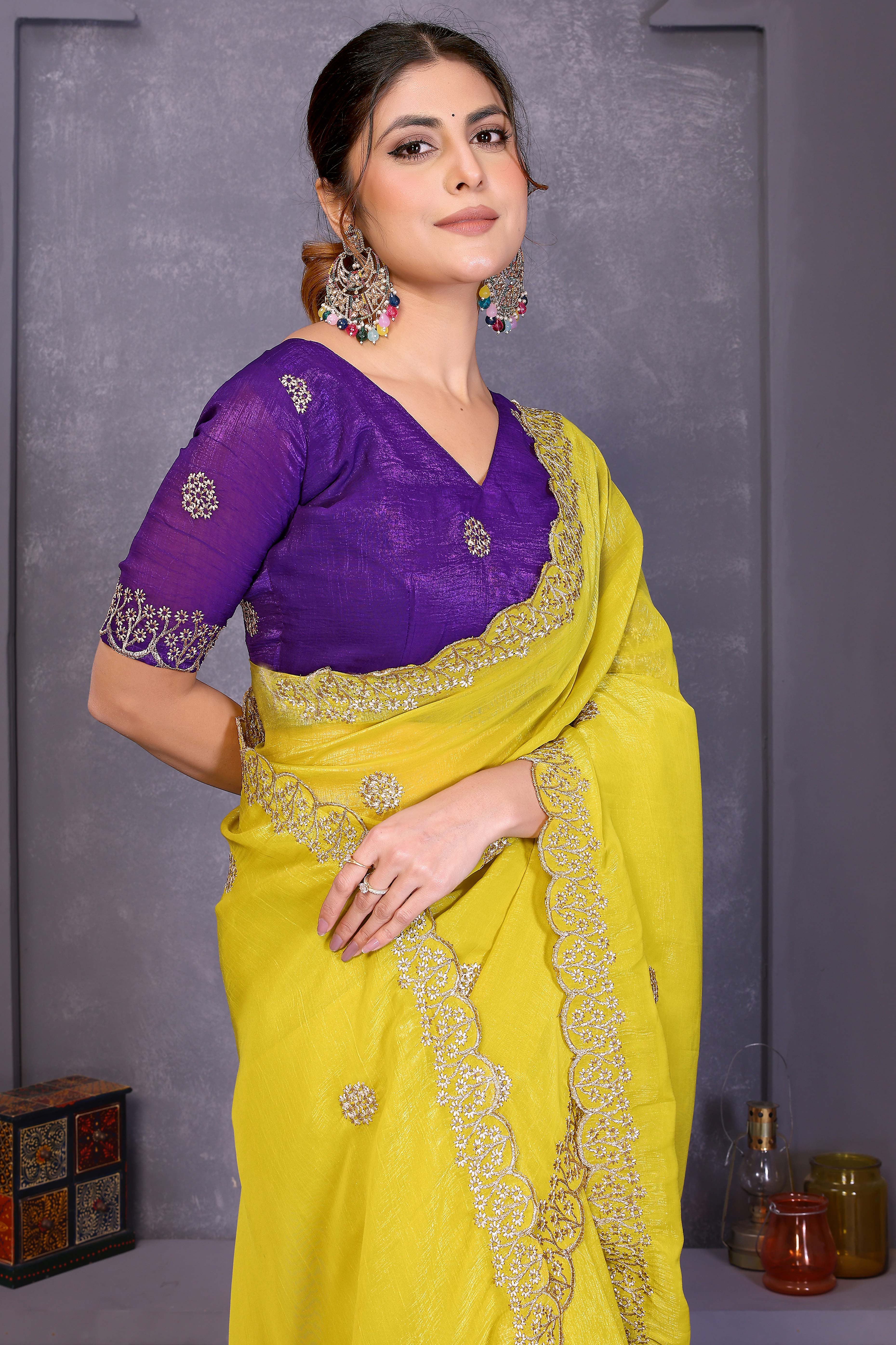 Yellow Designer Crunchy Saree Enhanced with Delicate Thread Work Embroidery