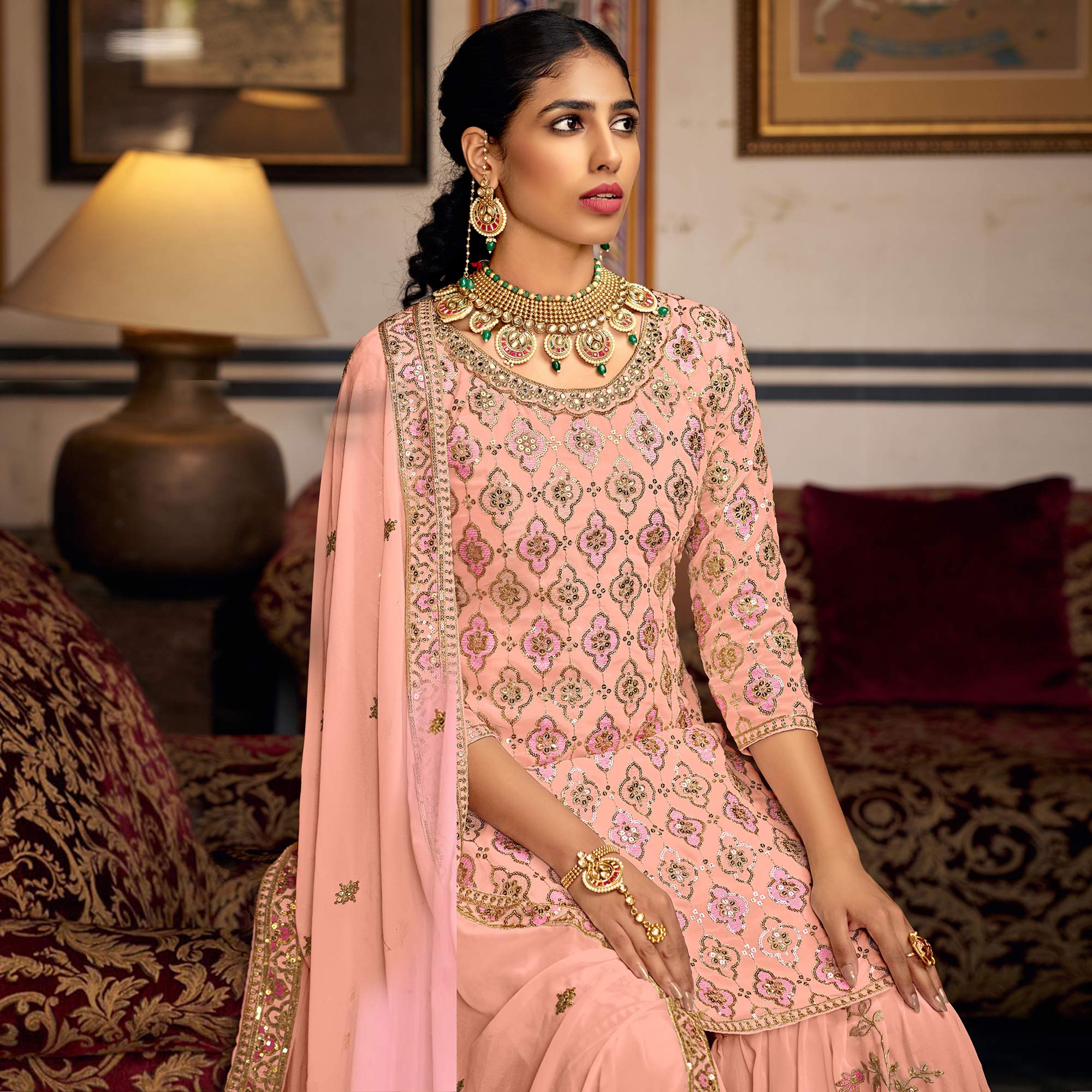 Peach Sequins Embroidered Georgette Semi Stitched Suit