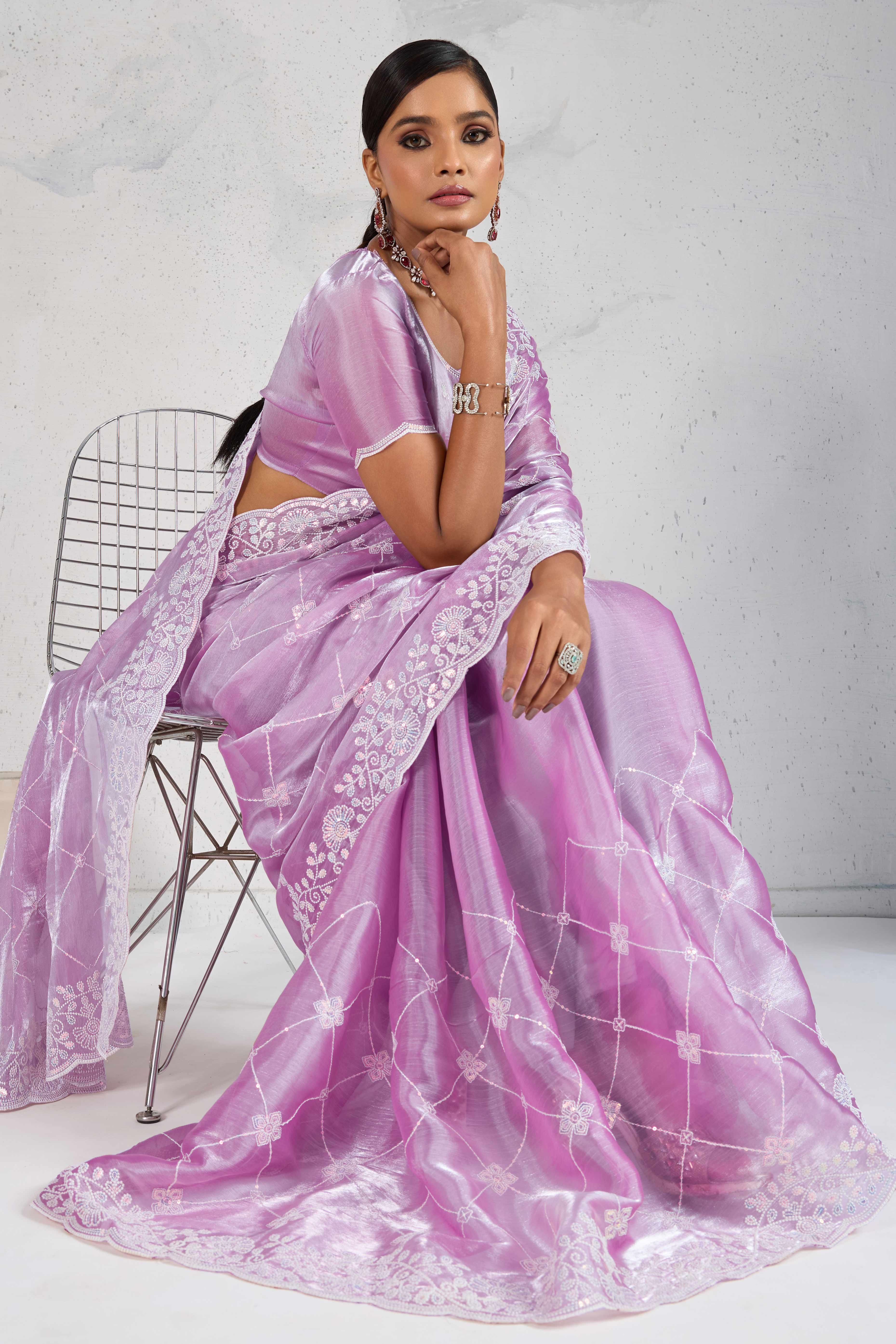 Purple Silk Saree with Dazzling Sequin Embroidery
