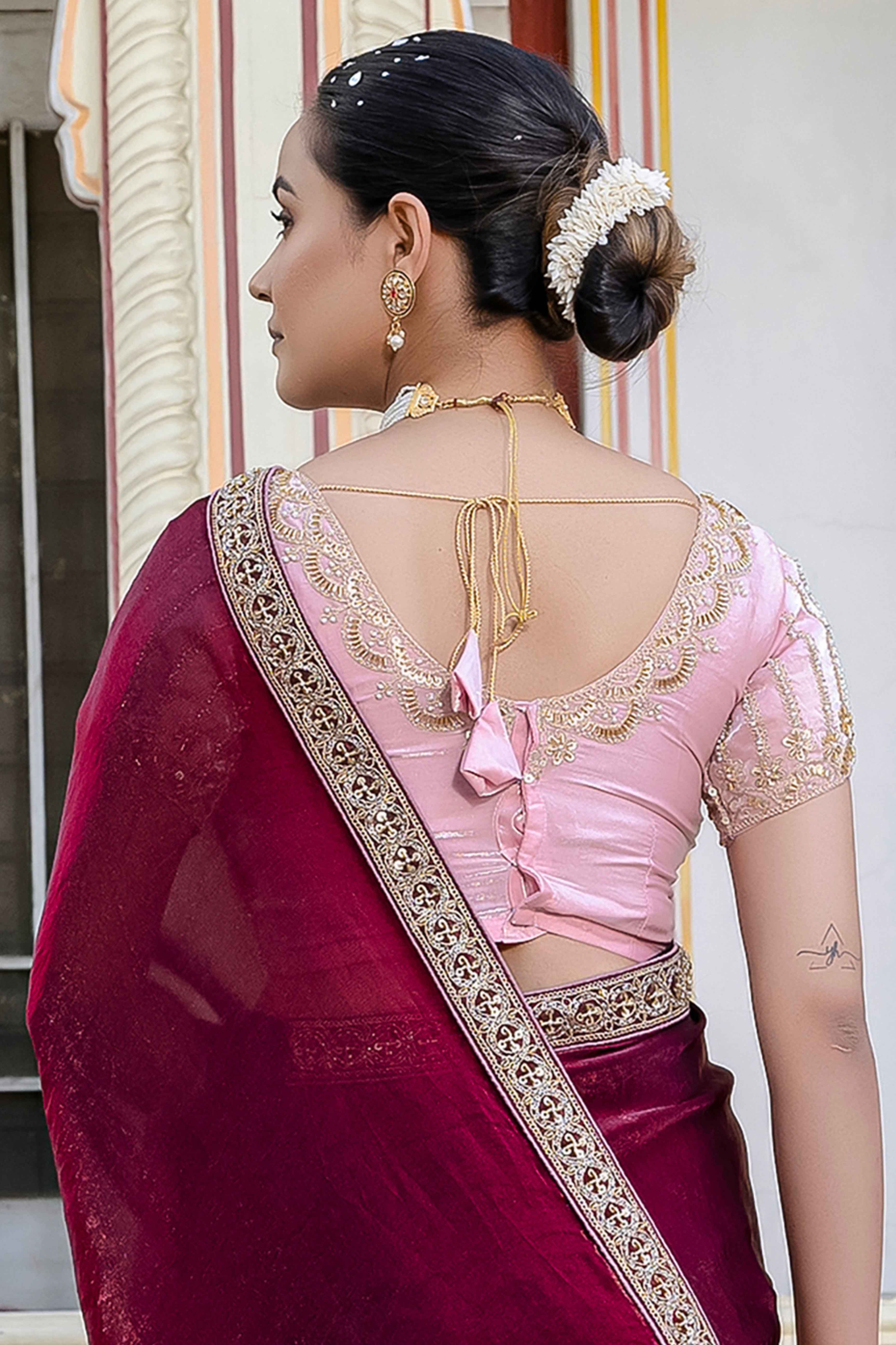 Maroon Satin Velvet Saree Adorned With Handcrafted Sequins Beads & Pearl Embellishments