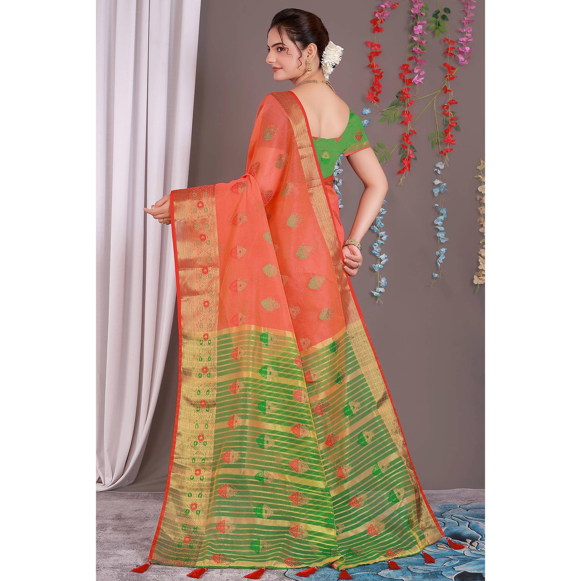 Red Floral Woven Cotton Silk Saree With Tassels