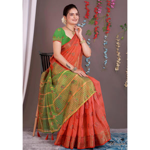 Red Floral Woven Cotton Silk Saree With Tassels