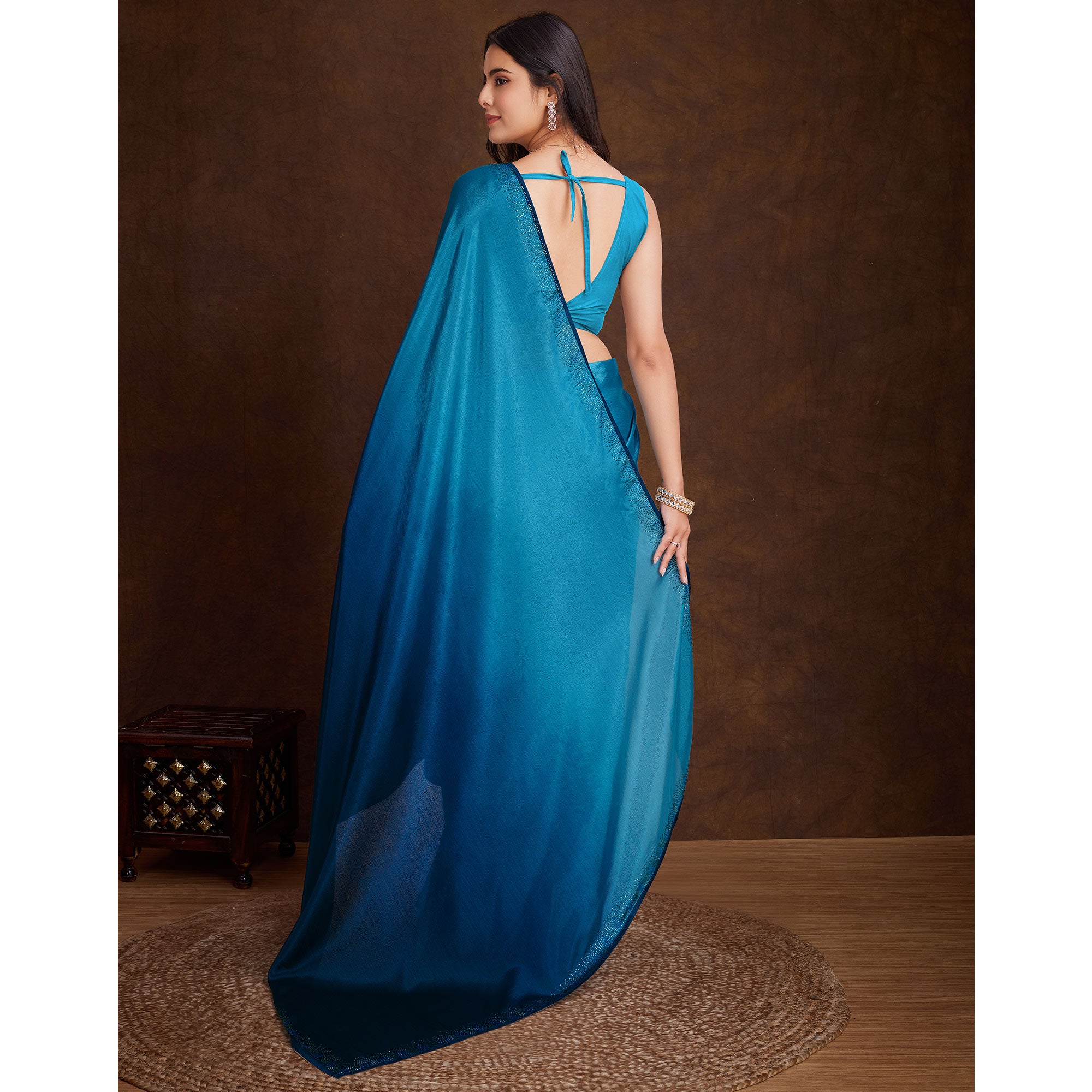Blue Swarovski Border Work Chinon Ombre Saree