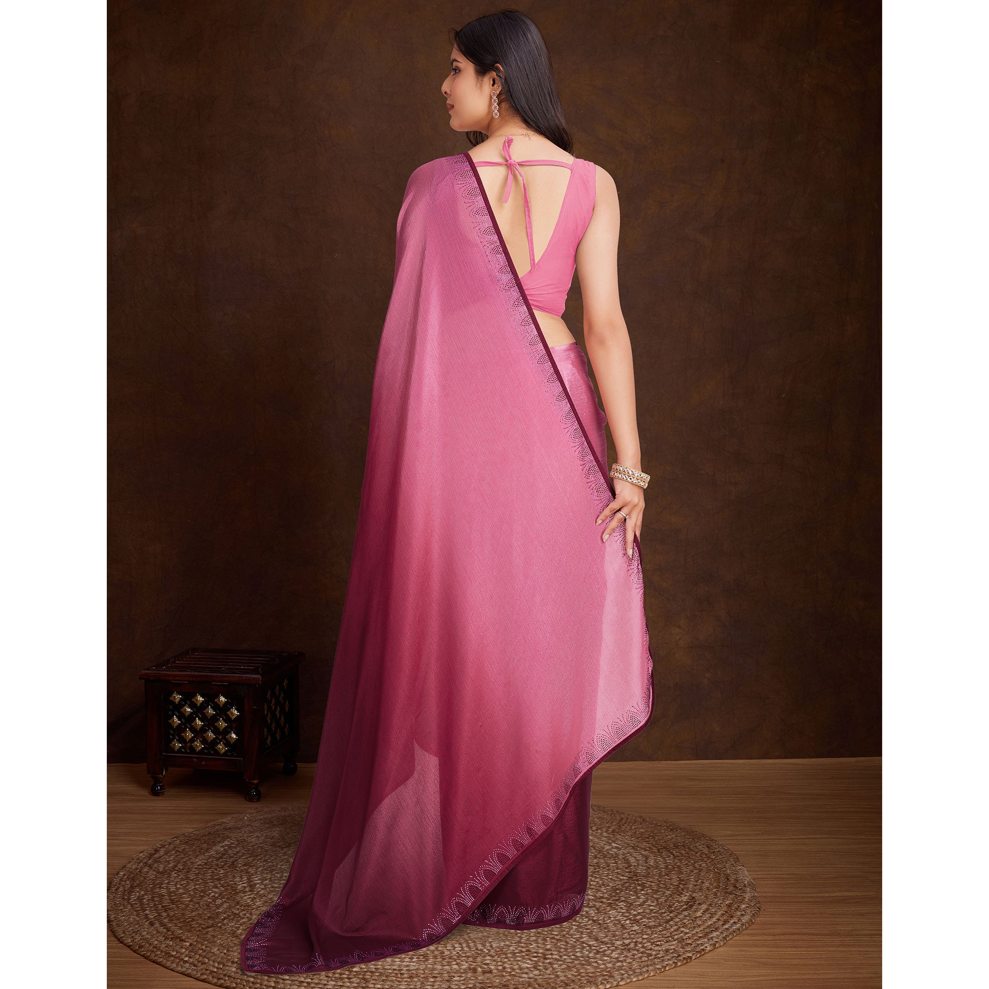 Pink Swarovski Border Work Chinon Ombre Saree