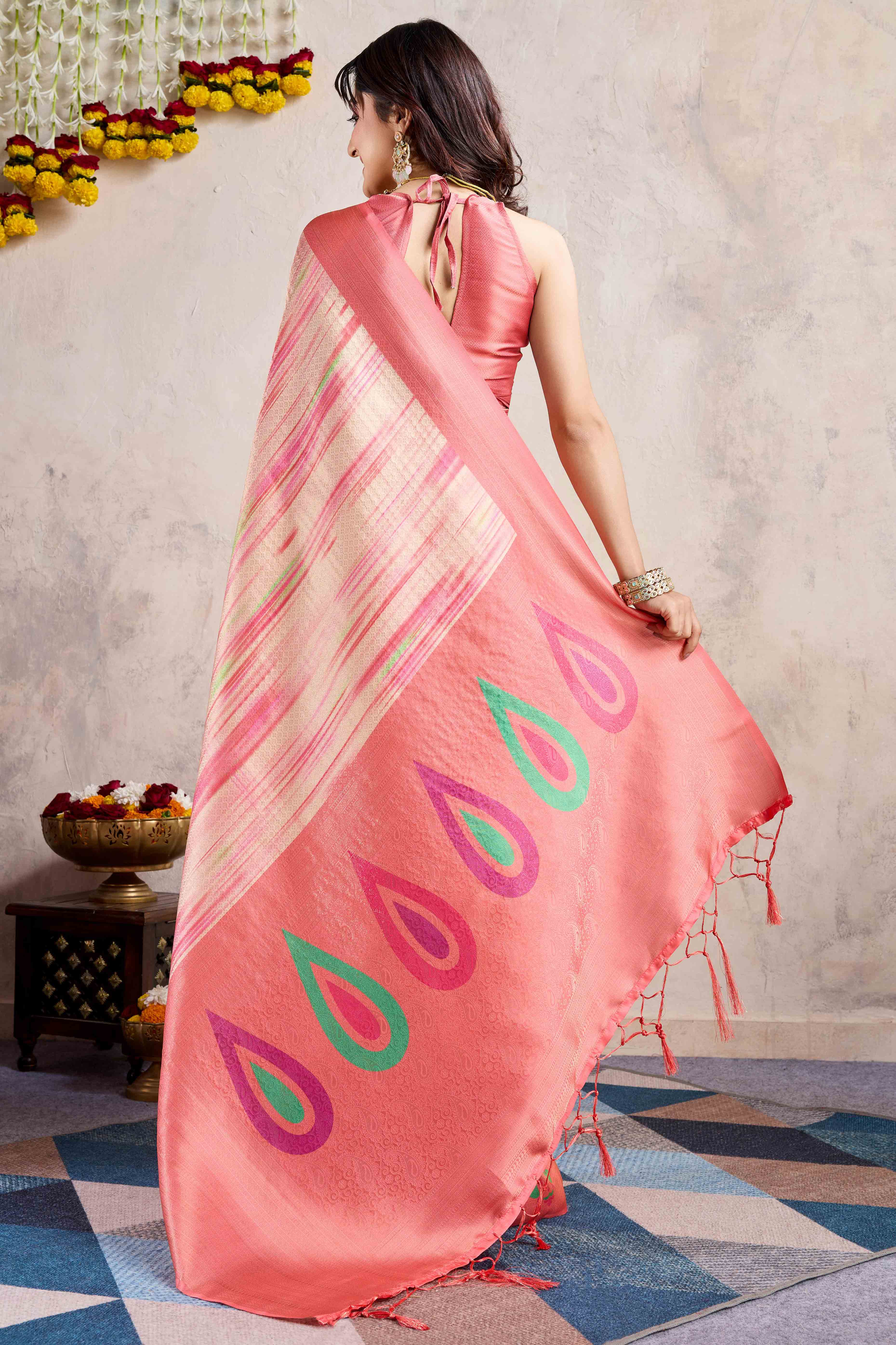 Peach Kanoko Print Weaving Soft Banarasi Silk Saree