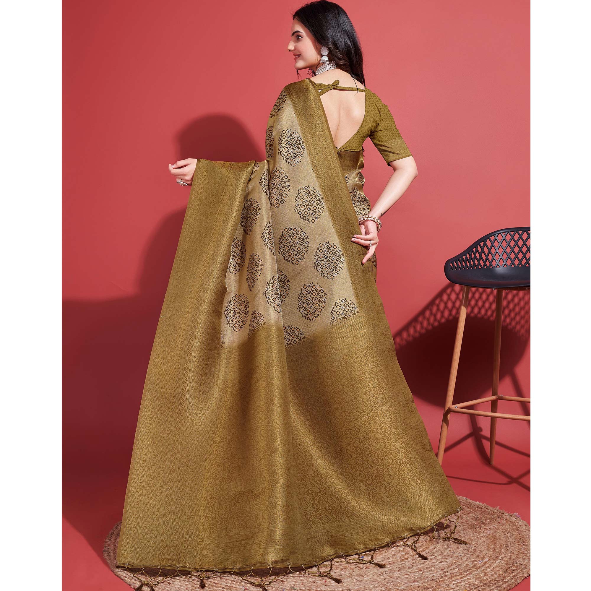 Dark Mustard Floral Digital Printed With Woven Banarasi Silk Saree