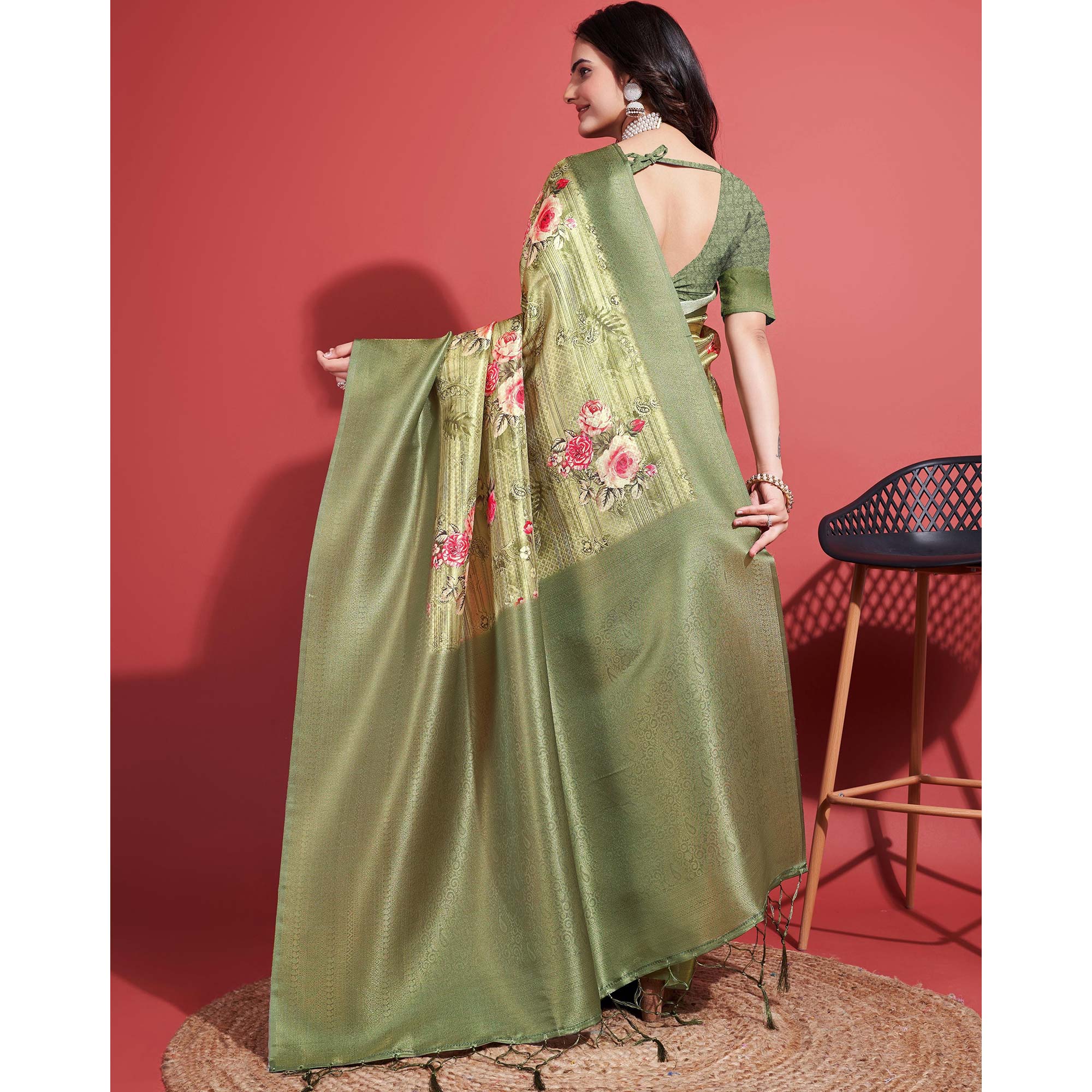 Light Olive Green Floral Digital Printed With Woven Banarasi Silk Saree