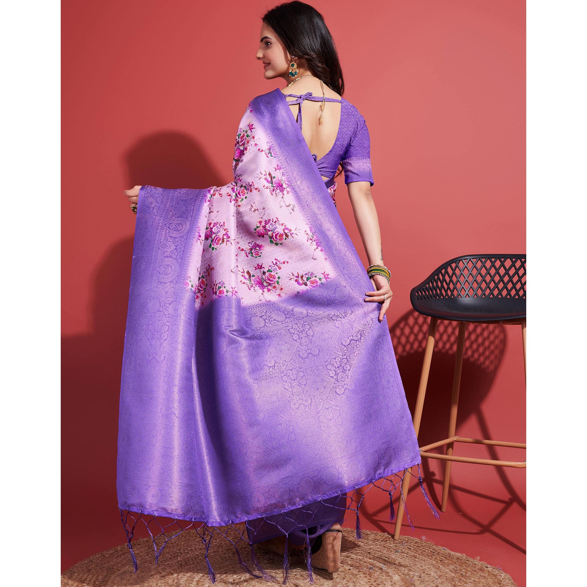 Lavender Floral Digital Printed With Woven Banarasi Silk Saree