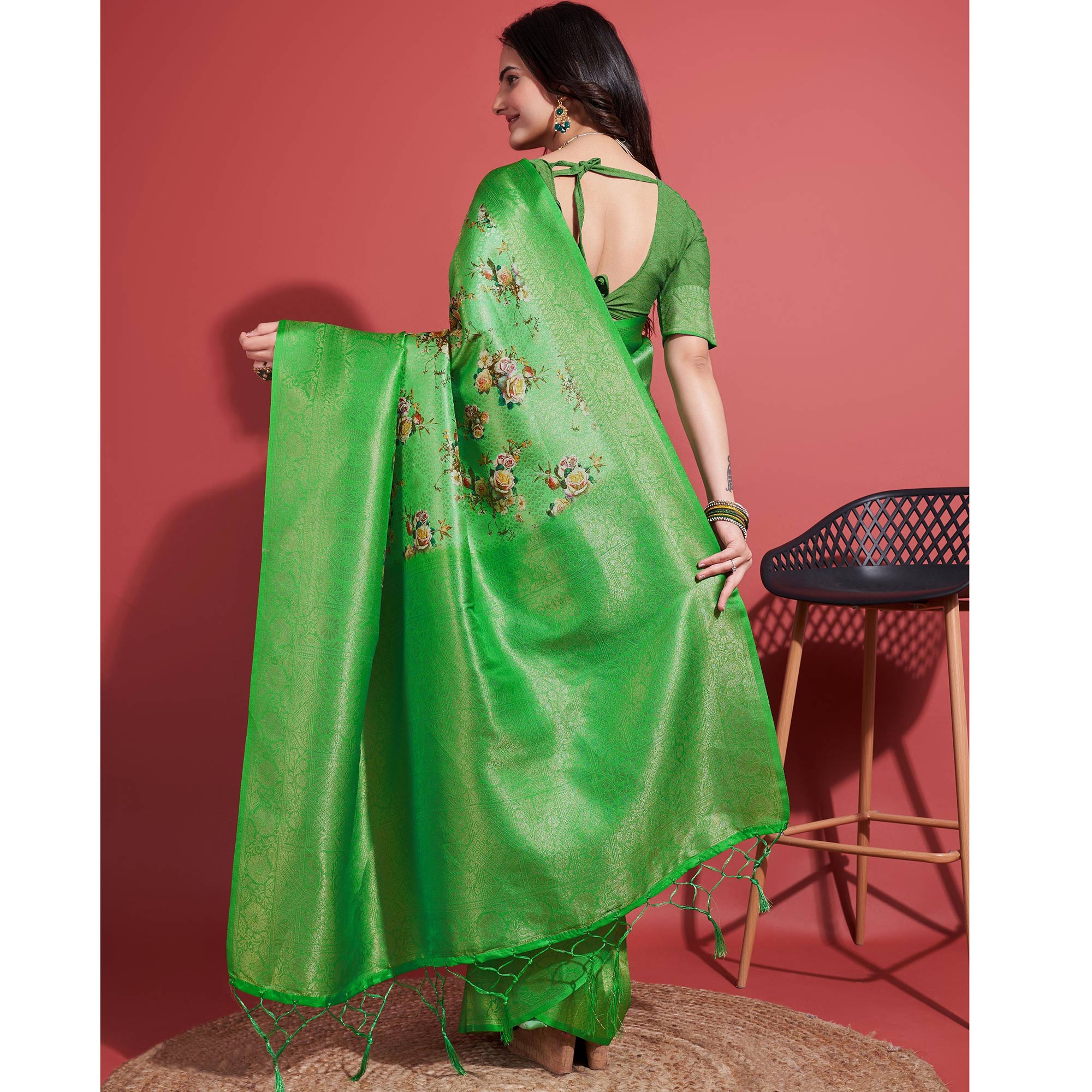 Green Floral Digital Printed With Woven Banarasi Silk Saree