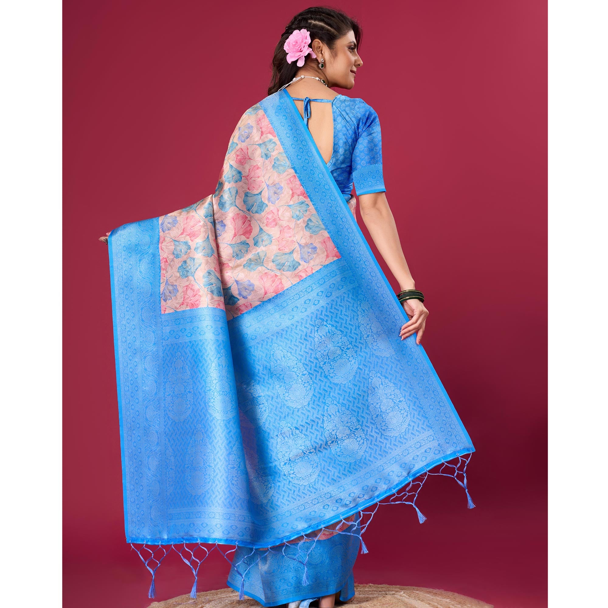 Blue Floral Digital Printed With Woven Pure Silk Saree
