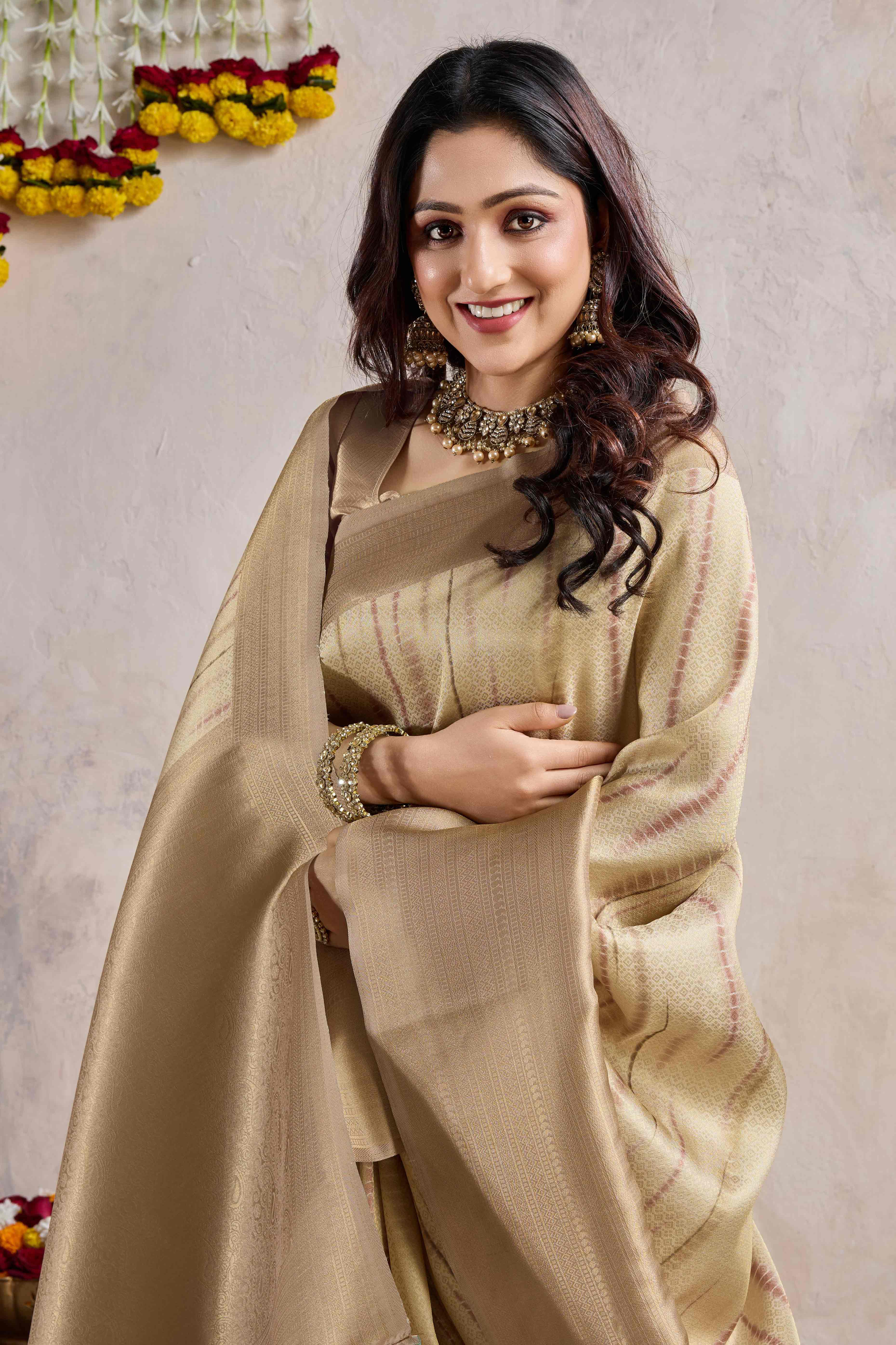 Chikoo Woven With Digital Printed Banarasi Silk Saree