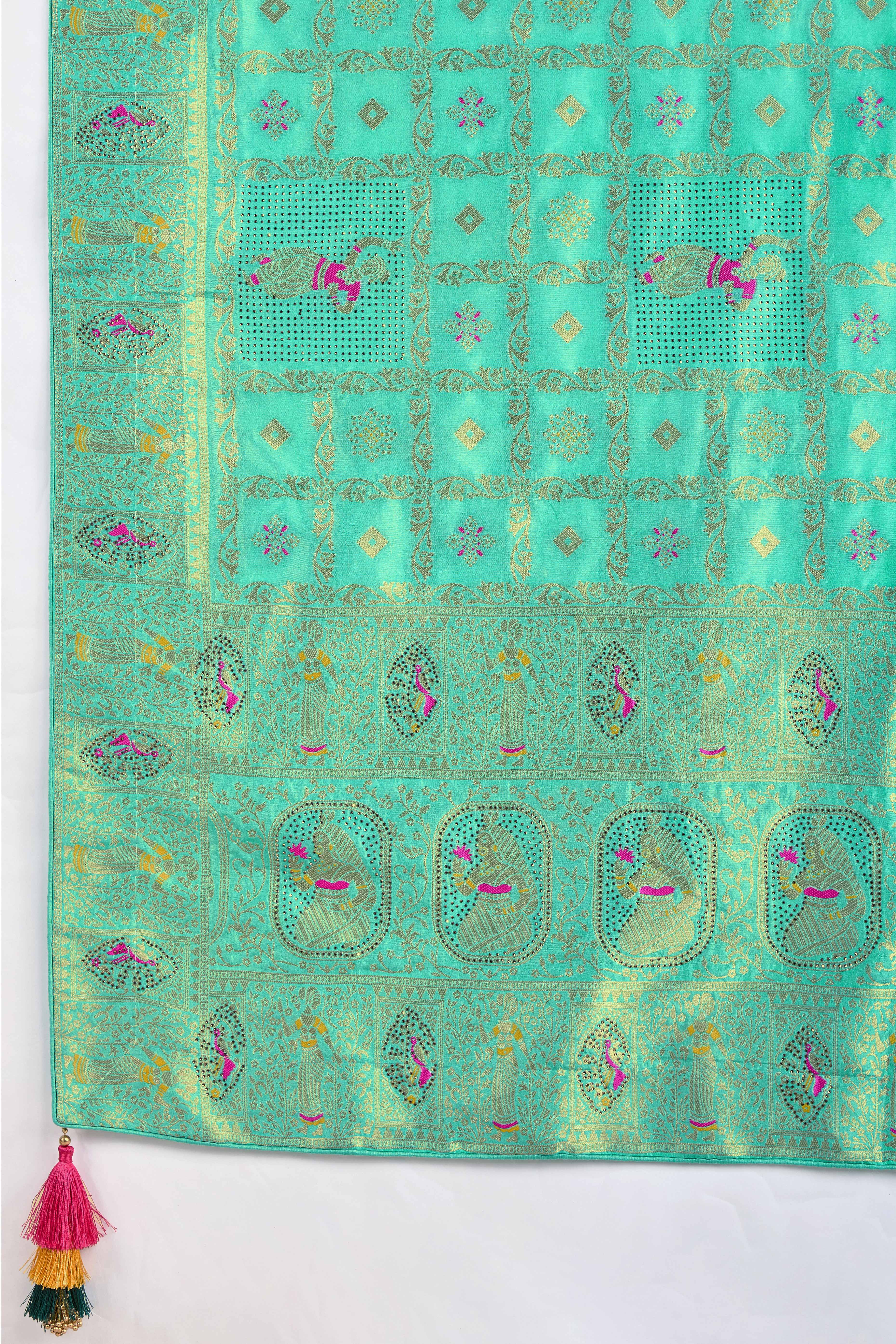 Turquoise Dola Silk Saree Featuring Intricate Gharchola Woven Design