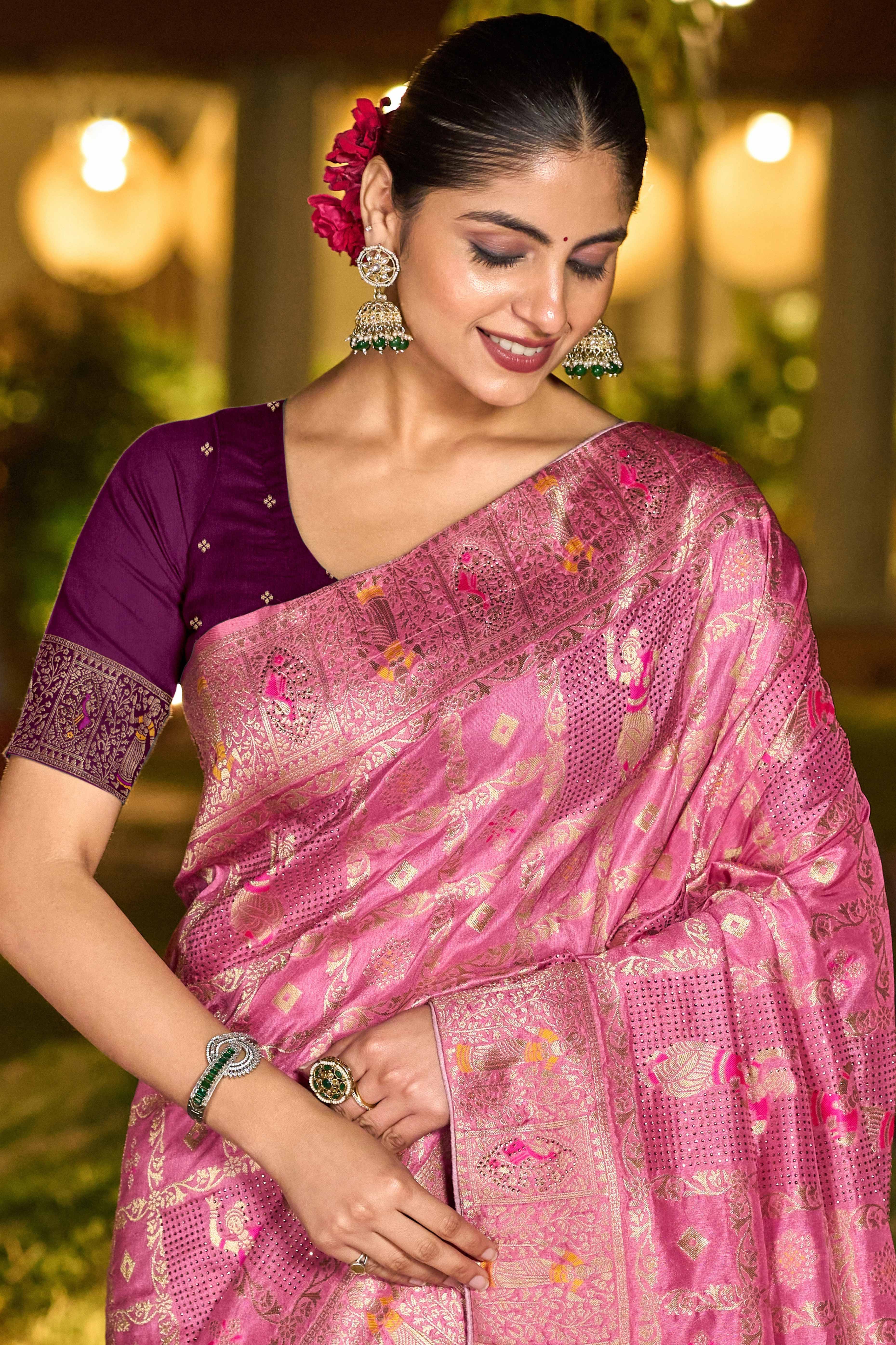 Dusty Pink Dola Silk Saree Featuring Intricate Gharchola Woven Design
