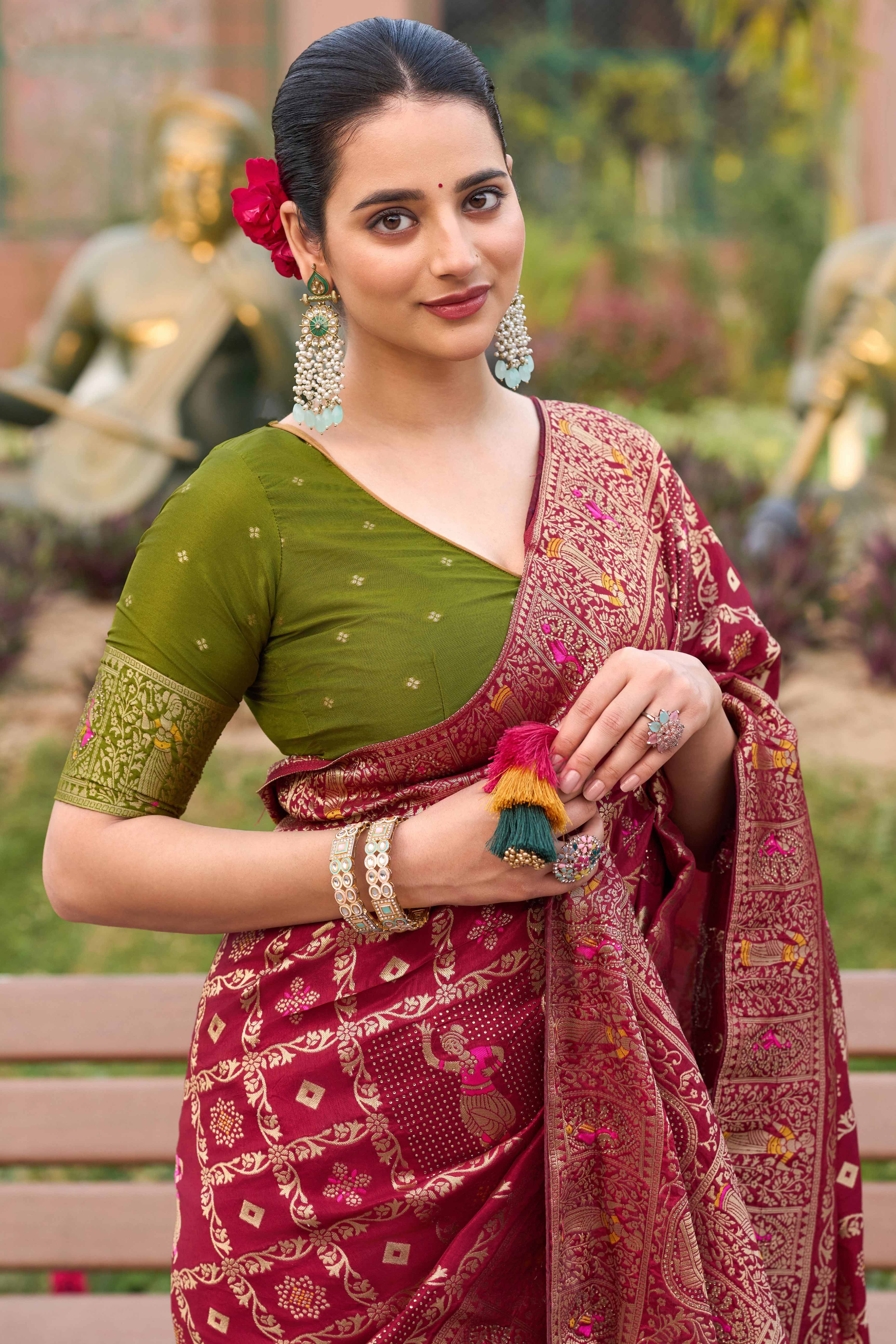 Wine Dola Silk Saree Featuring Intricate Gharchola Woven Design