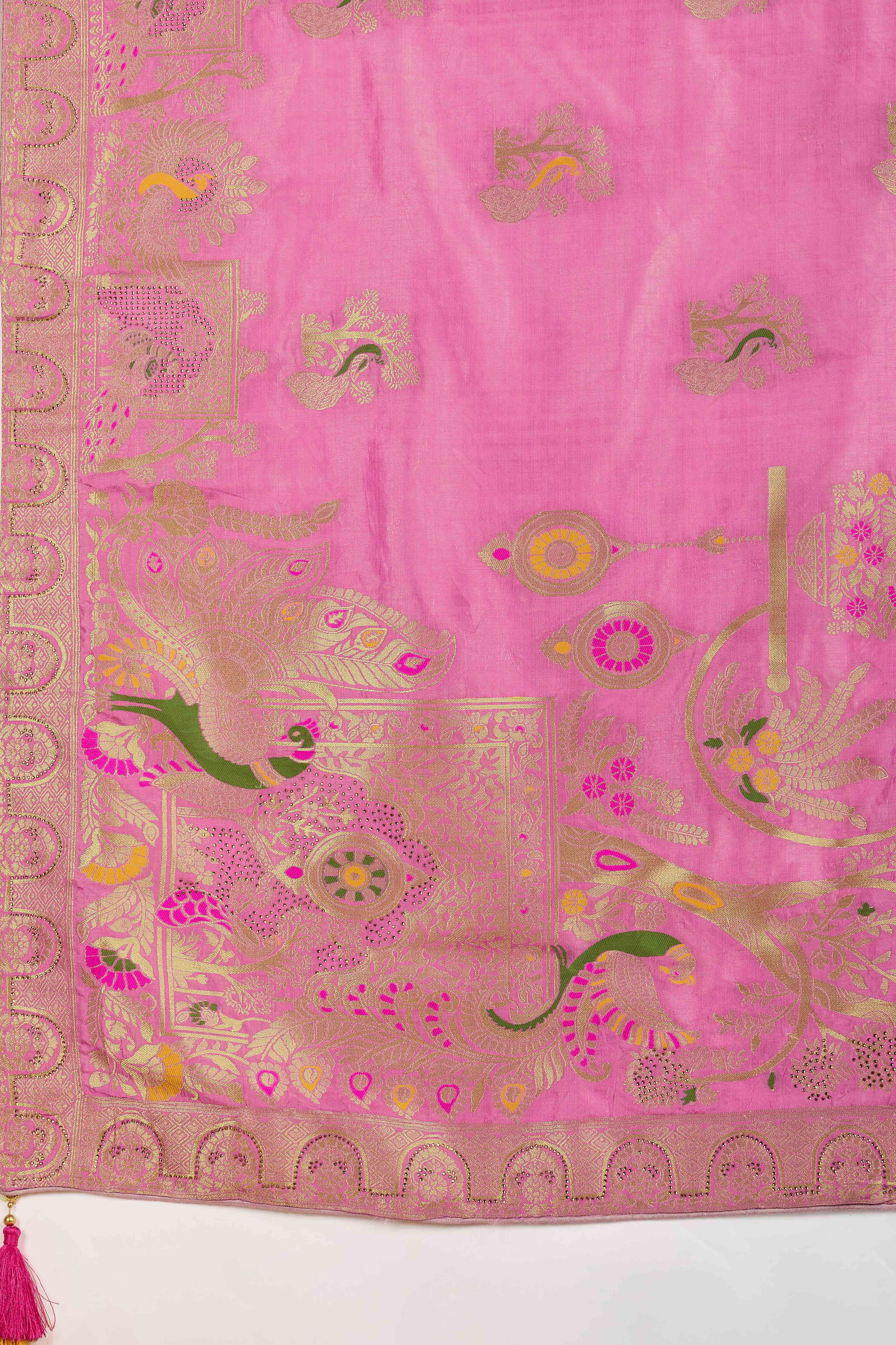 Exquisite Pink Dola Silk Saree With Zari Weaving & Sparkling Swarovski Embellishments