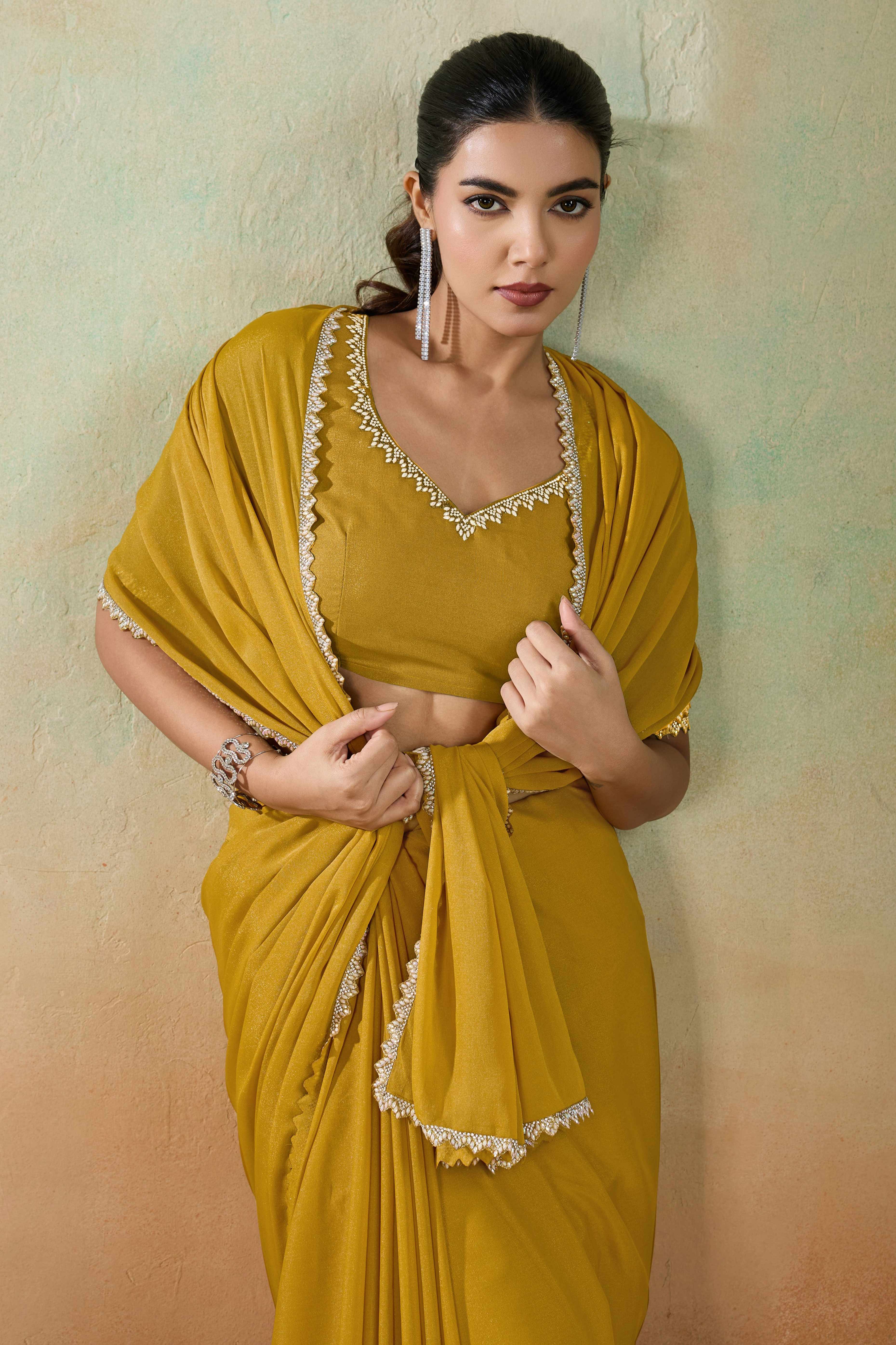 Mustard Solid Matt Georgette Saree With Ceramic Embellished Lace Border