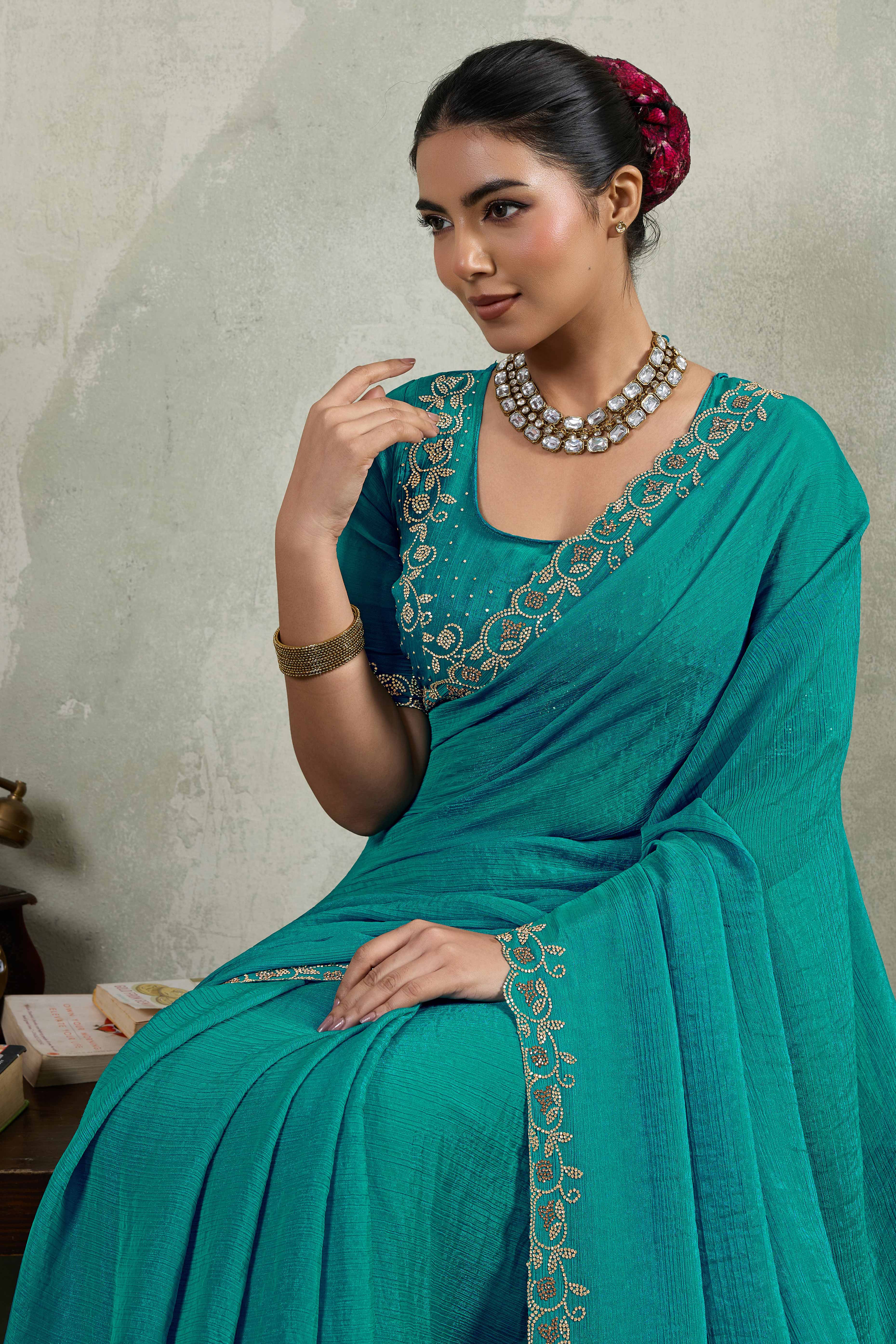 Teal Velvet Chiffon Saree Accented with Sparkling Zarkan Detailing