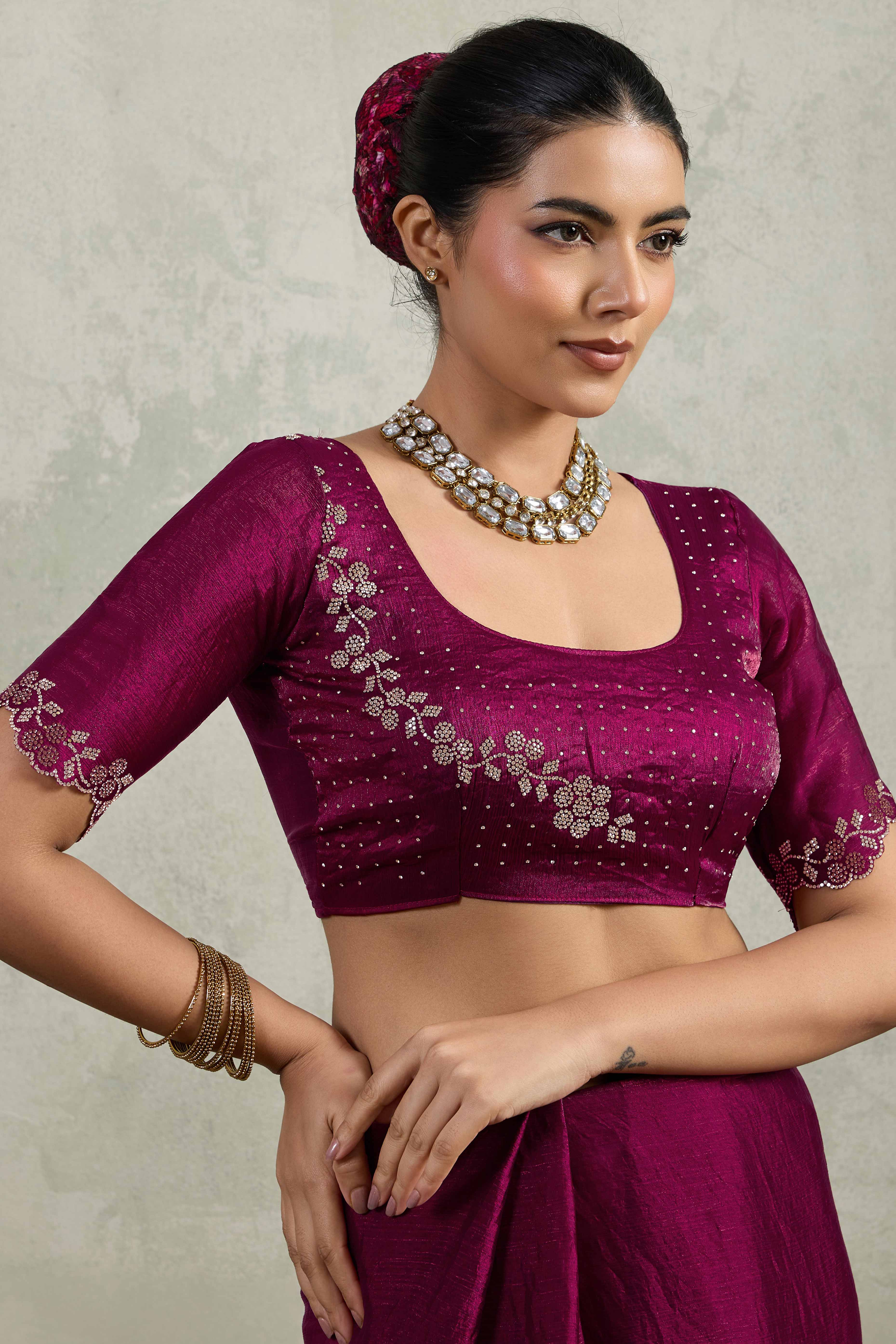 Wine Velvet Chiffon Saree Accented with Sparkling Zarkan Detailing