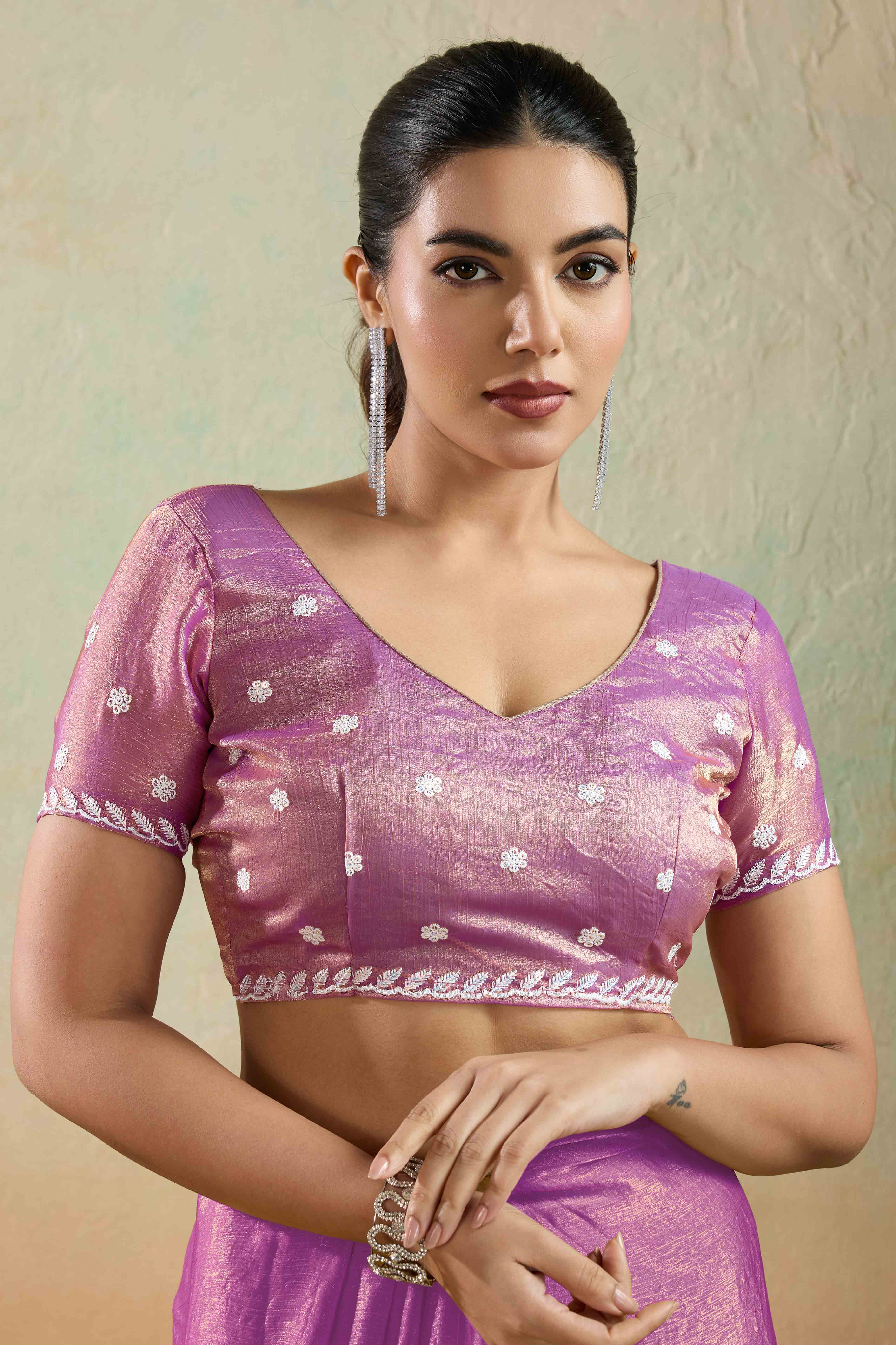 Pink Chiffon Saree with Rich Velvet Accents & Thread Detailing