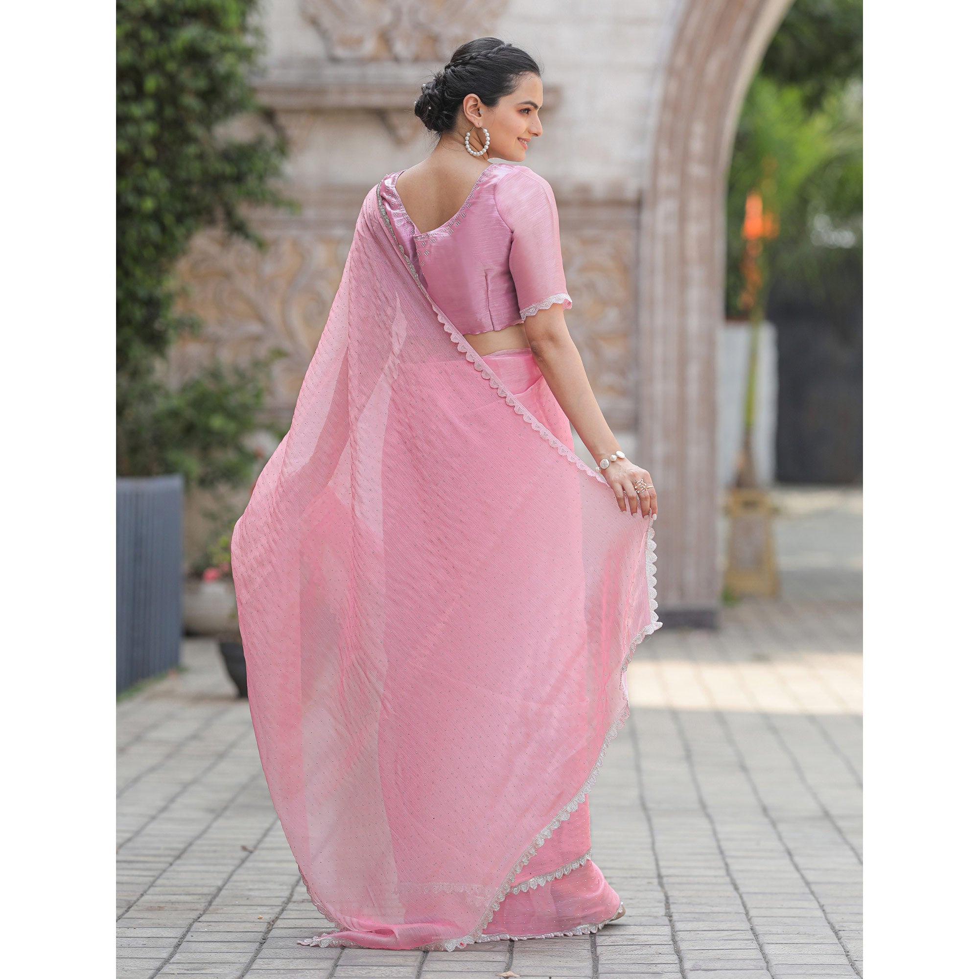 Pink Stonework Tussar Silk Saree