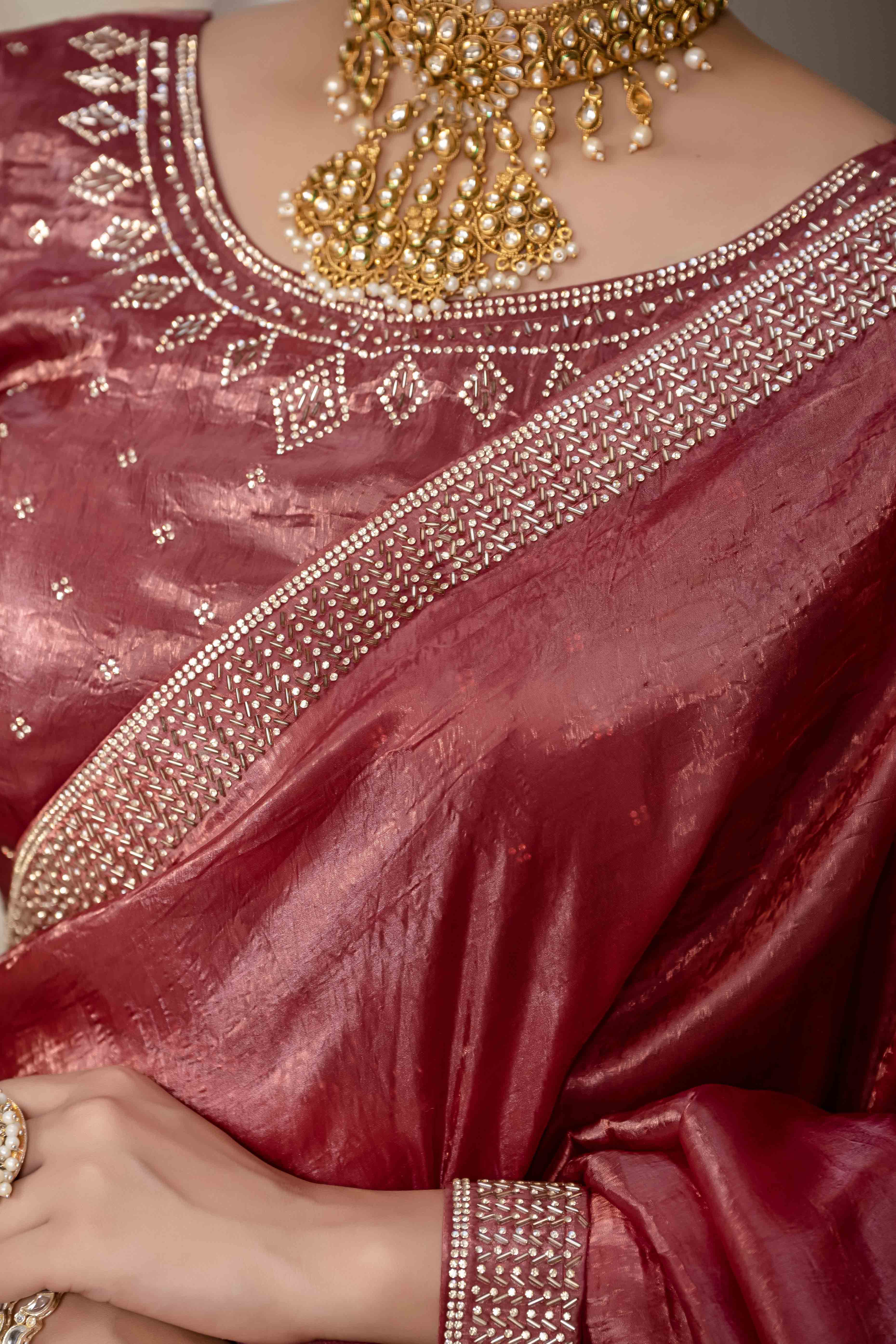Brick Red Tissue Gold Crush Saree With Exquisite Cutdana & Zarkan Hand Embellishment