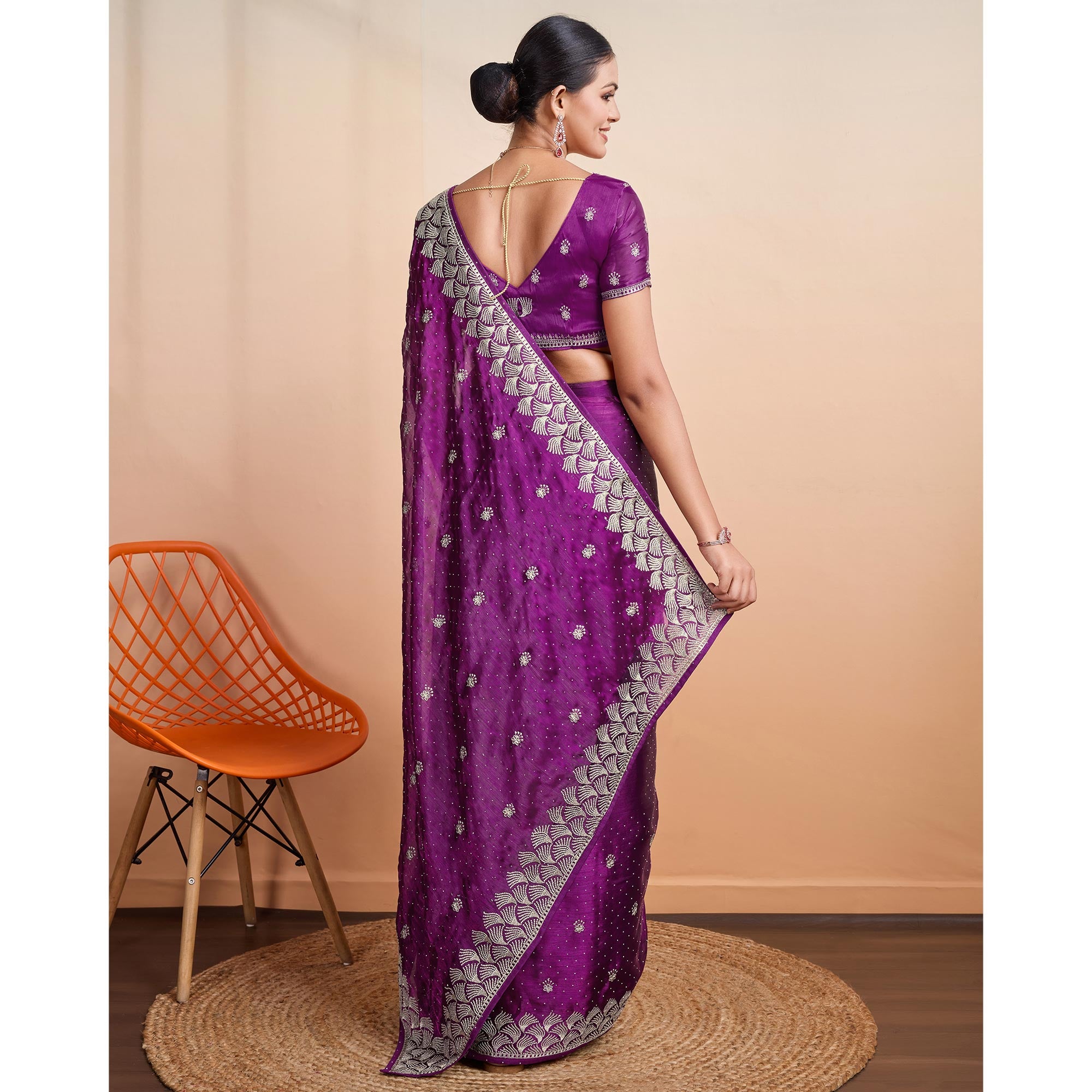 Purple Embroidered Tussar Silk Saree