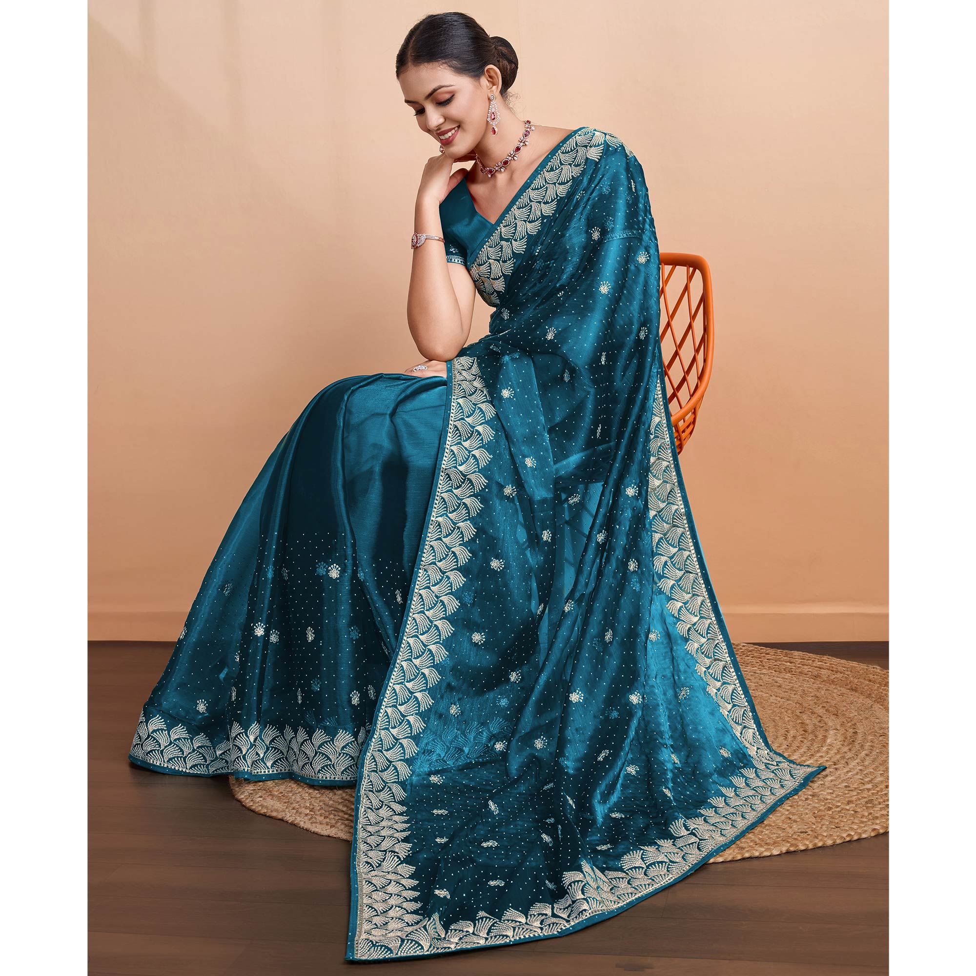 Teal Embroidered Tussar Silk Saree