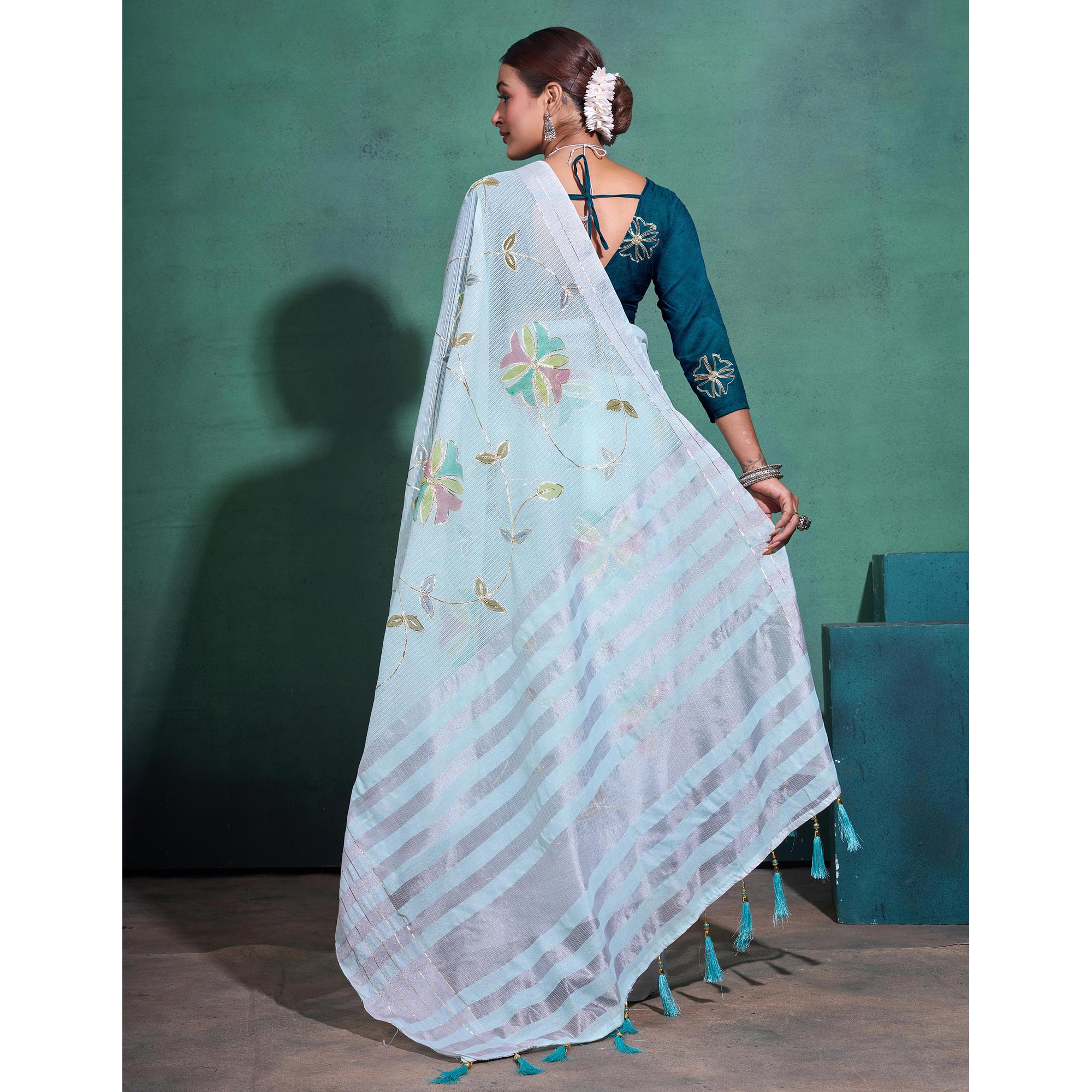 Sea Green Gota patti Embroidered Linen Saree With Tassels