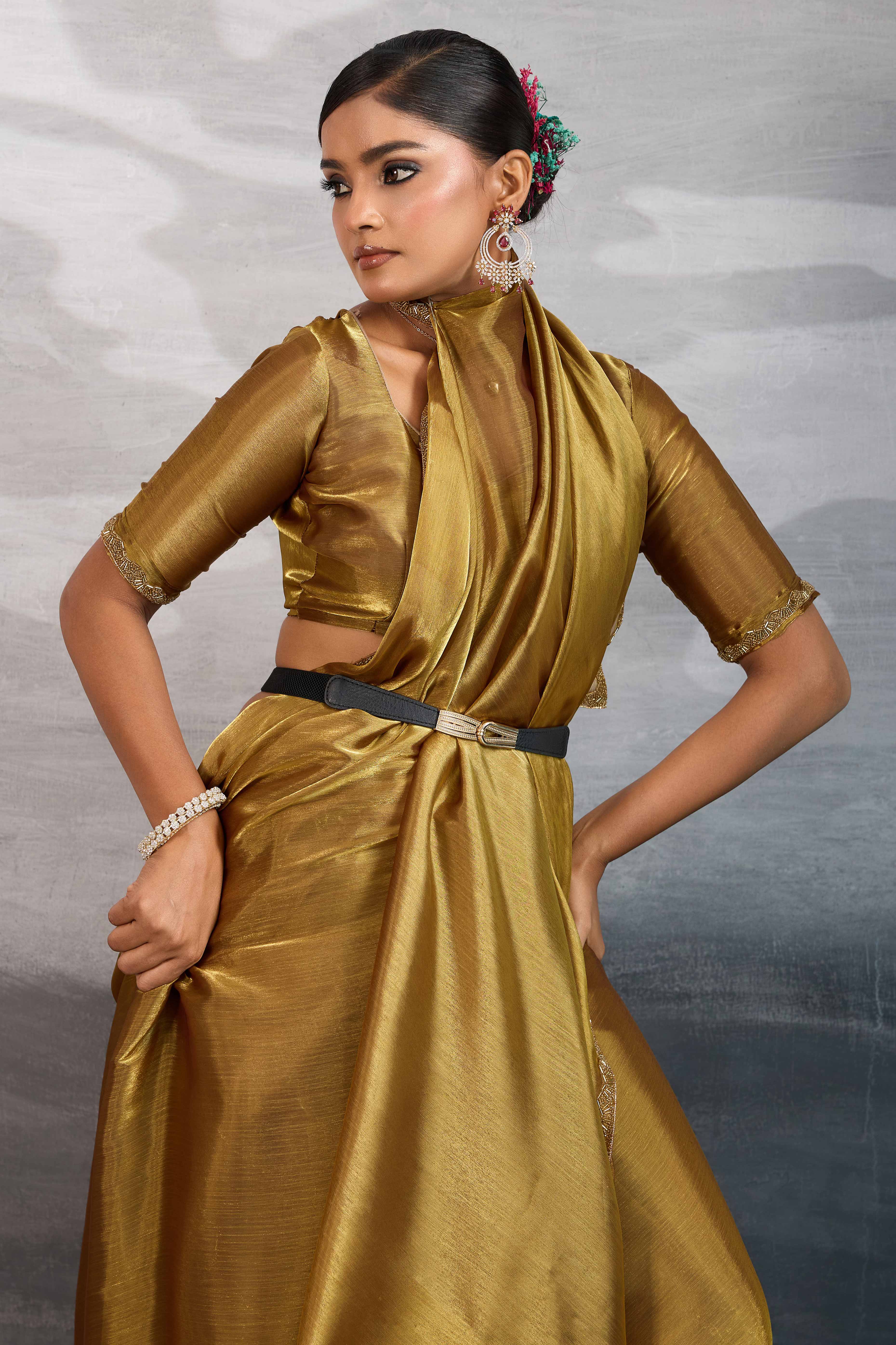Solid Gold Chiffon Saree Featuring Beads Embellished Border