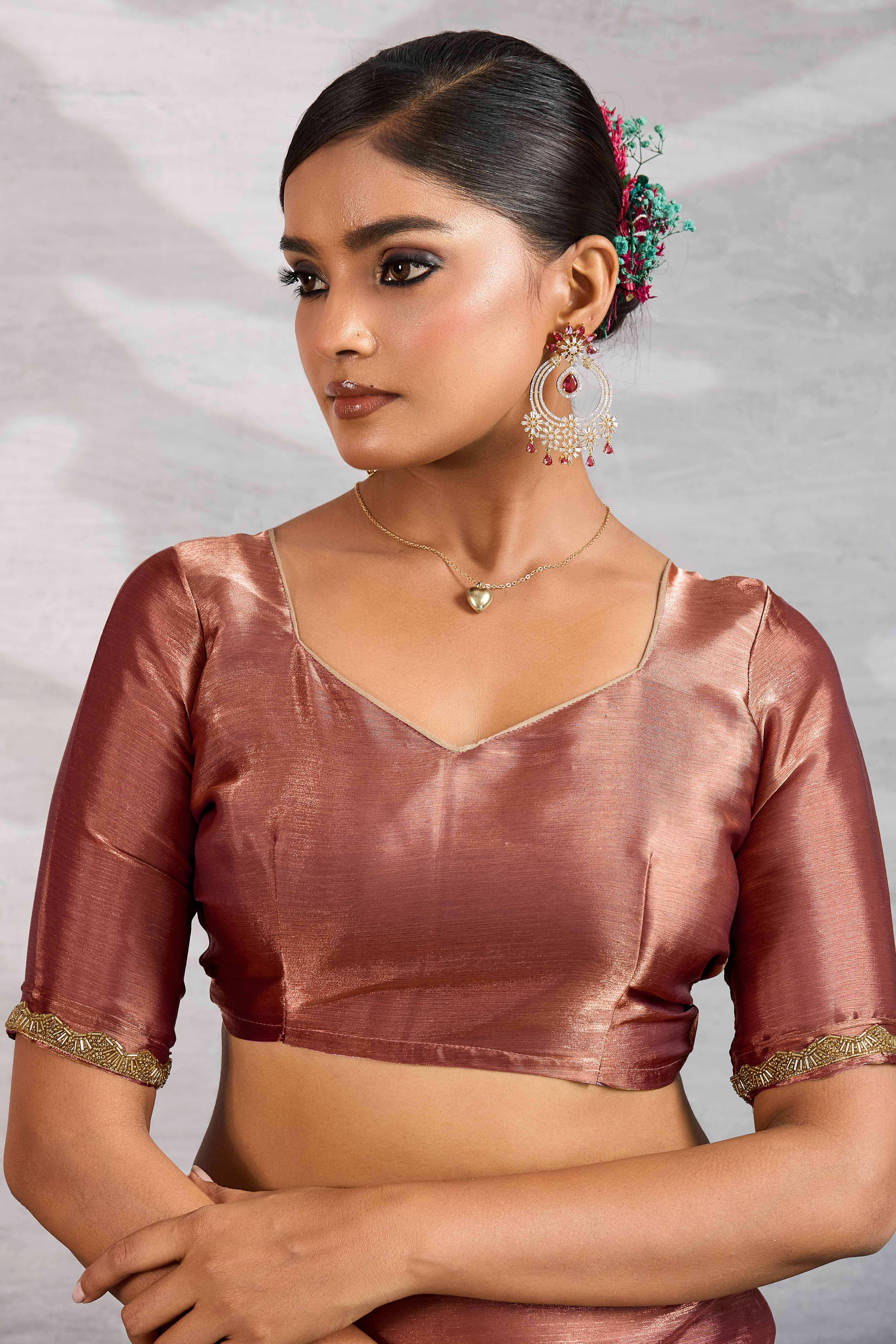 Solid Copper Red Chiffon Saree Featuring Beads Embellished Border
